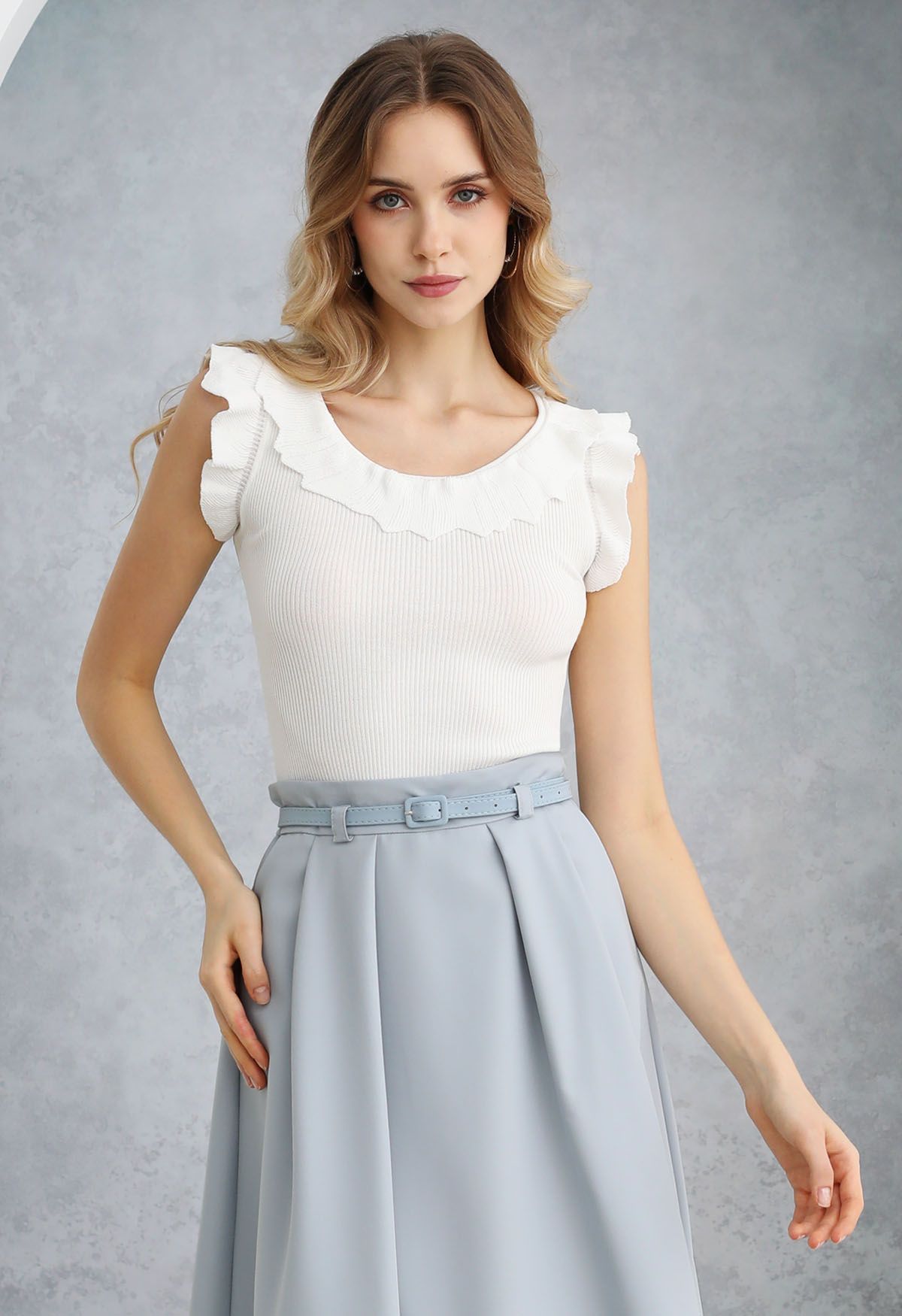 Ethereal Ruffle Sleeveless Knit Top in White
