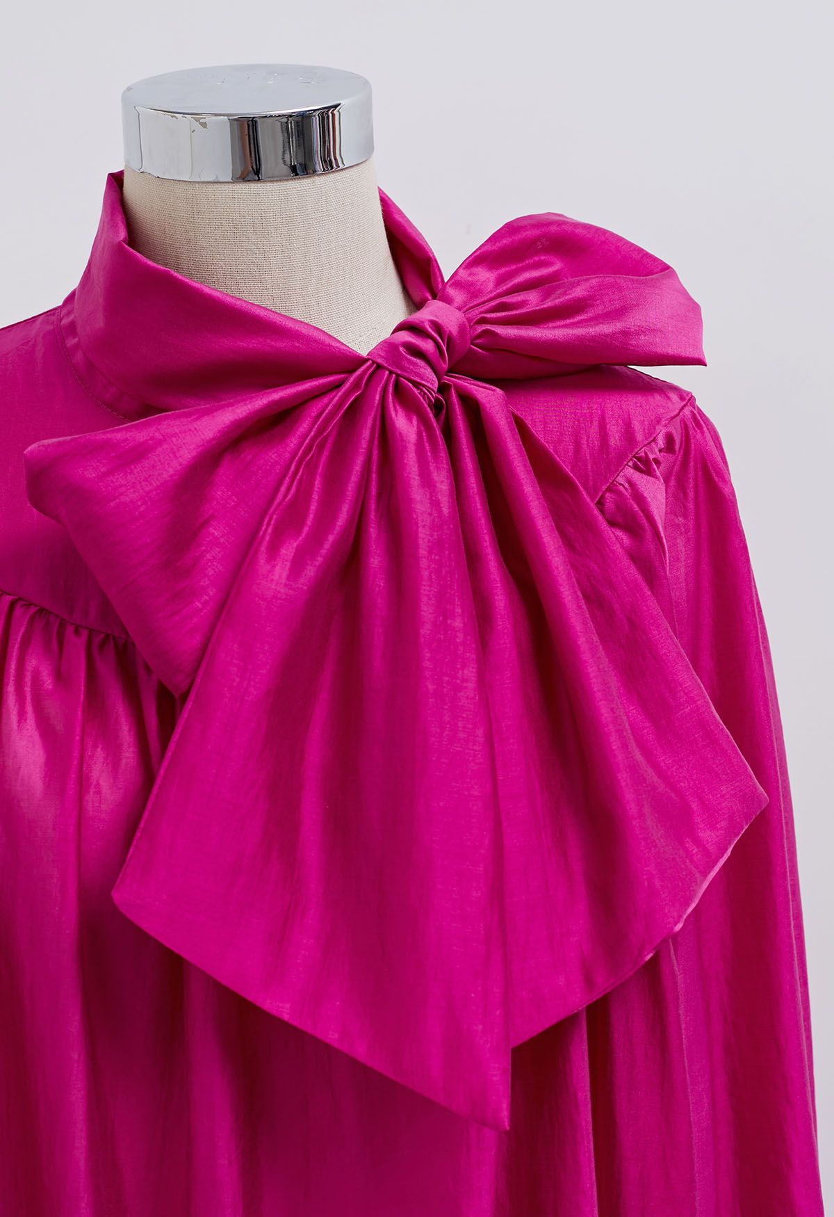 Charming Bowknot Puff Sleeve Sheer Shirt in Hot Pink