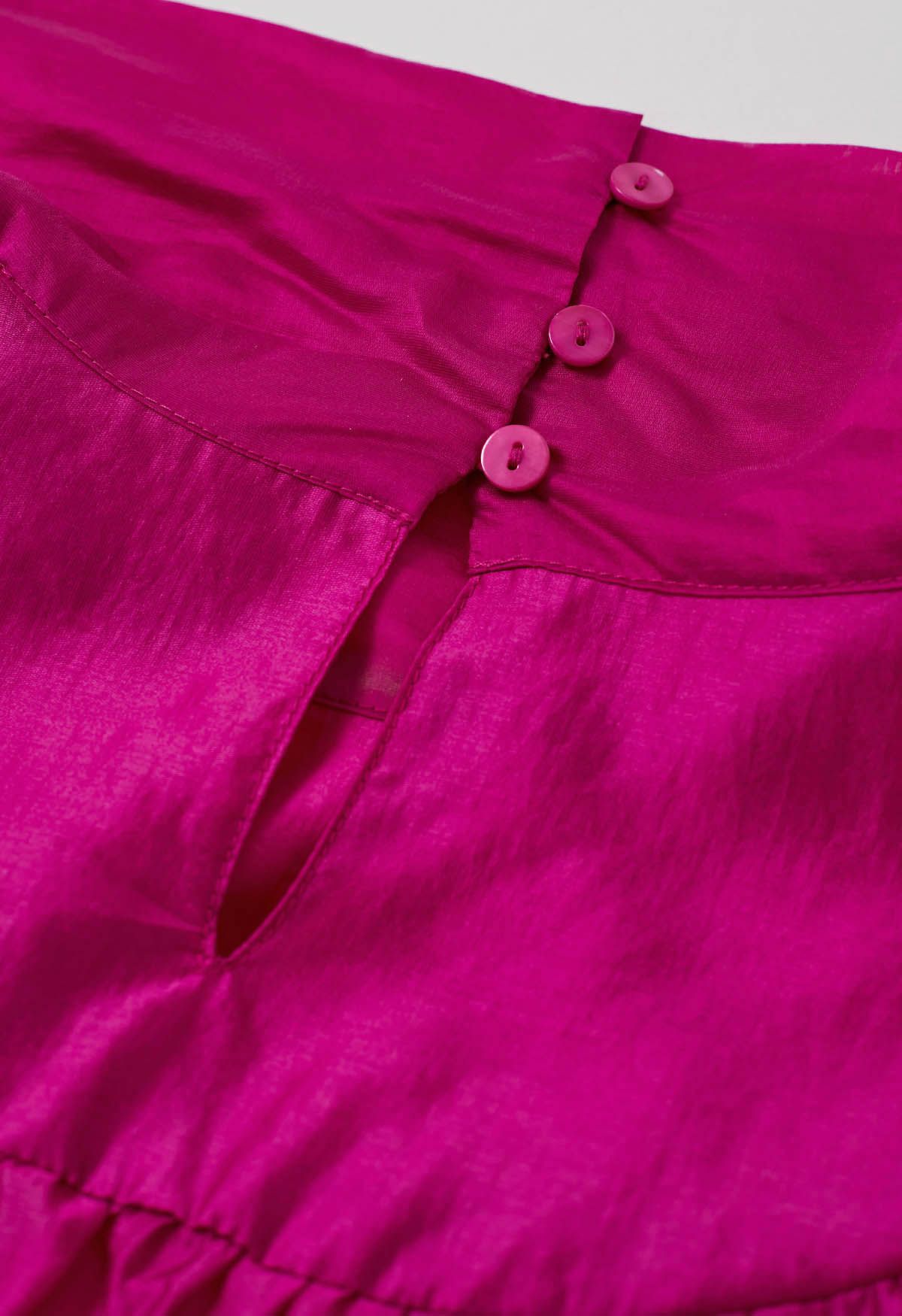 Charming Bowknot Puff Sleeve Sheer Shirt in Hot Pink