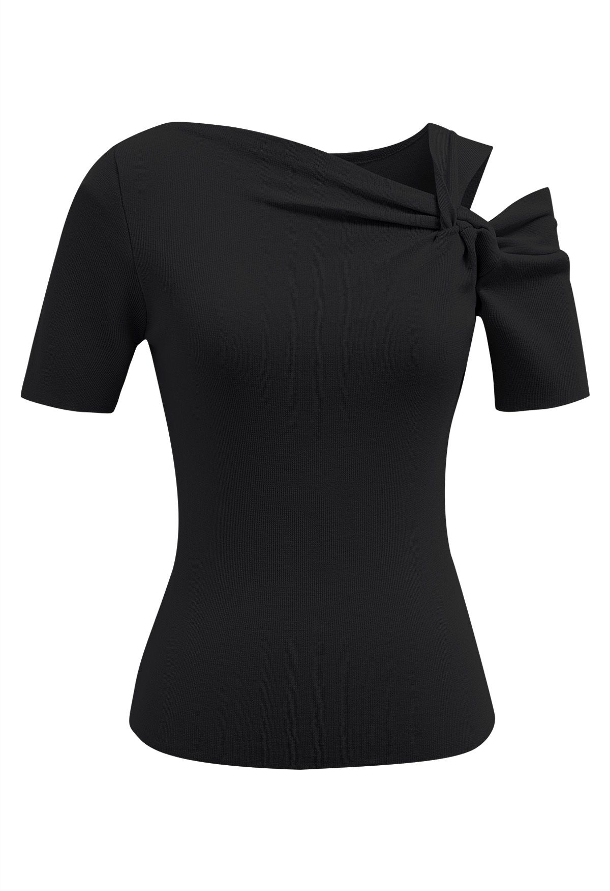 Stylish Knotted Shoulder Stretchy Knit Top in Black