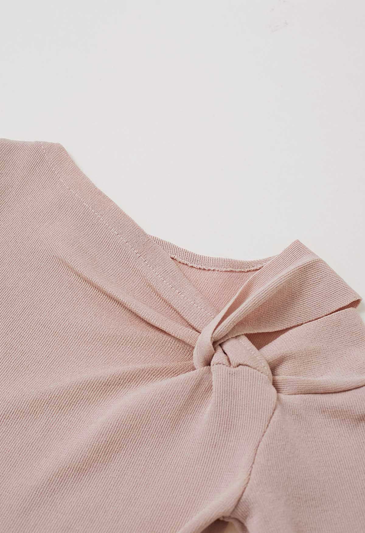 Stylish Knotted Shoulder Stretchy Knit Top in Pink