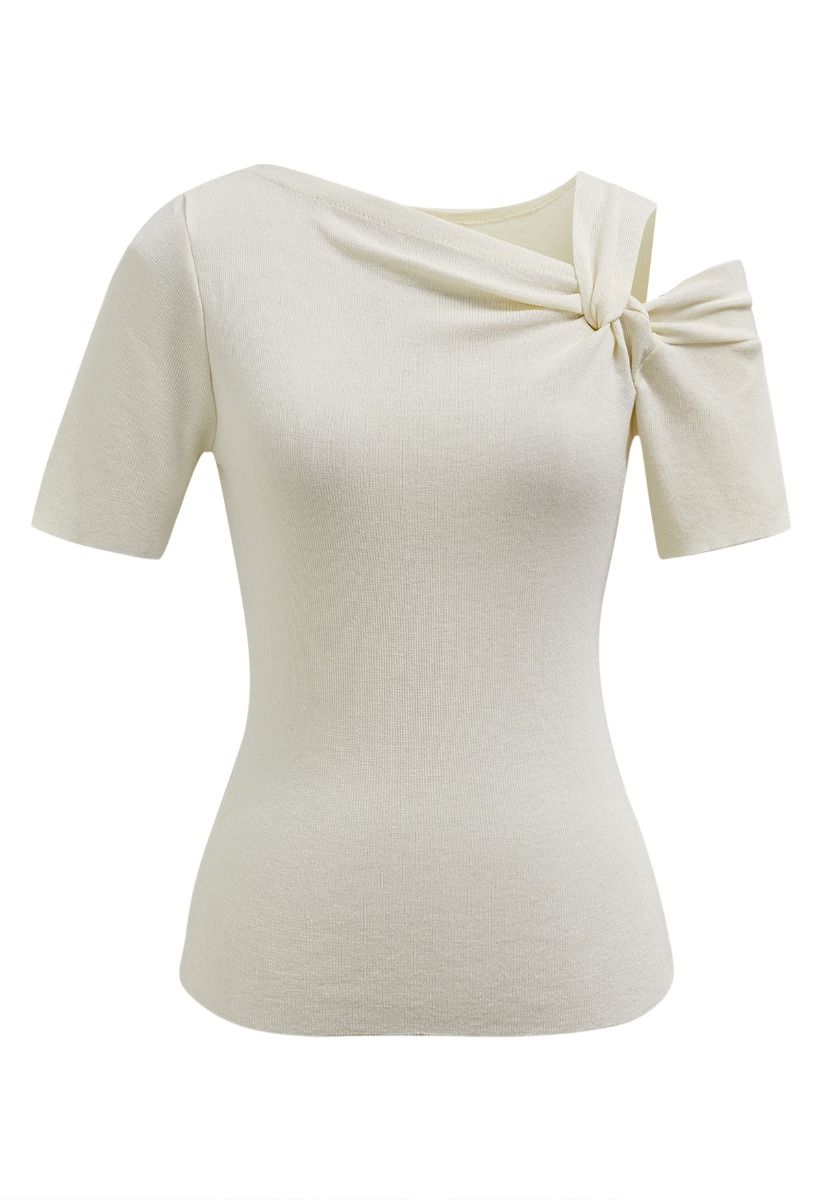 Stylish Knotted Shoulder Stretchy Knit Top in Cream
