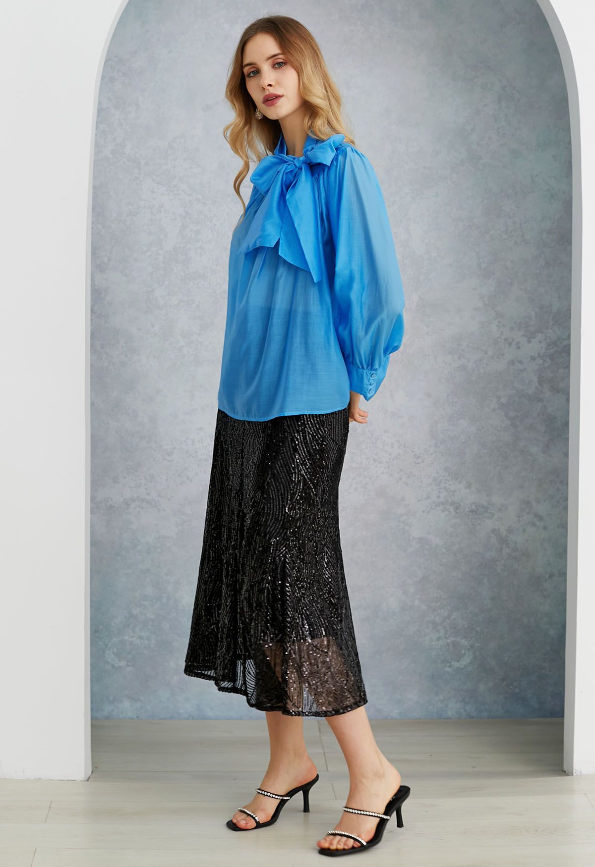 Charming Bowknot Puff Sleeve Sheer Shirt in Blue
