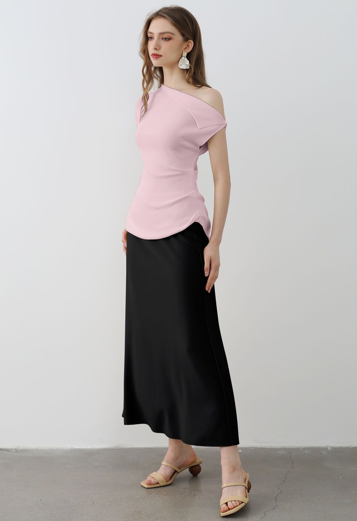 Asymmetric Folded Collar Knit Top in Pink