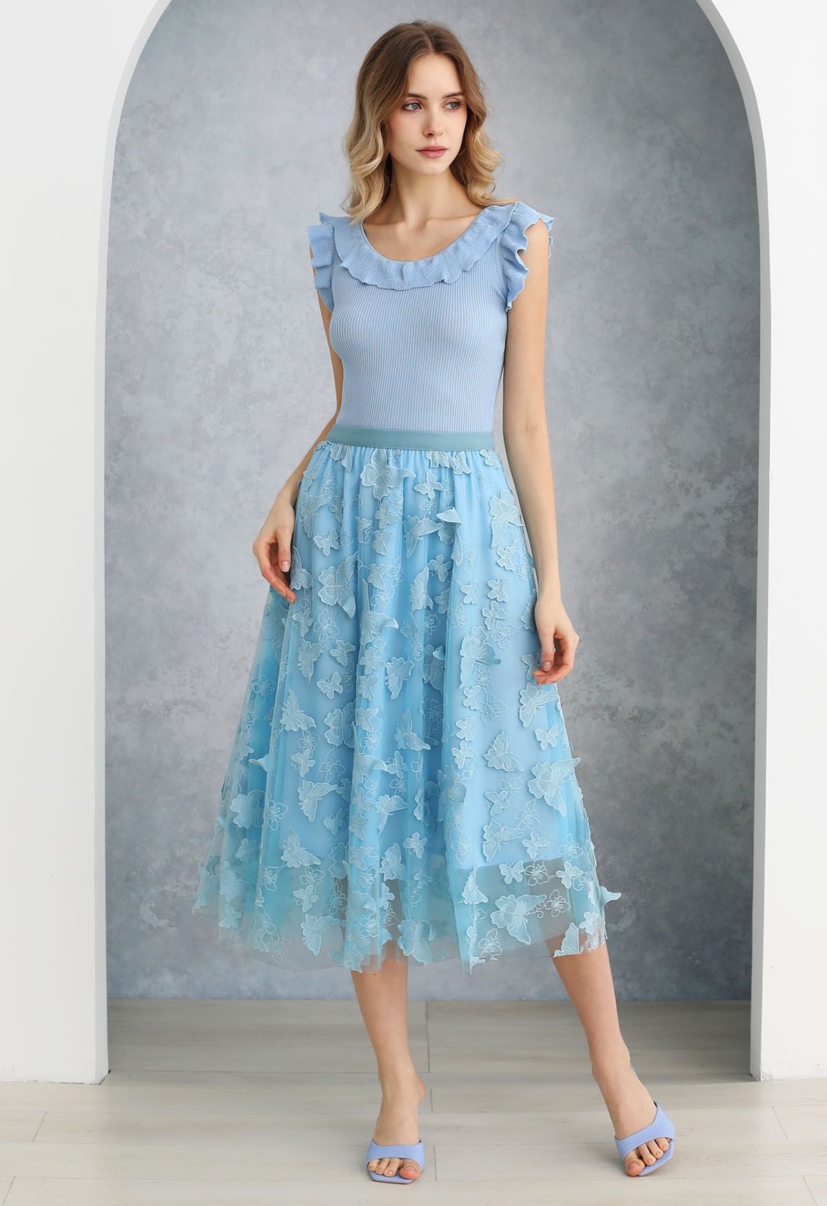 Ethereal Ruffle Sleeveless Knit Top in Blue