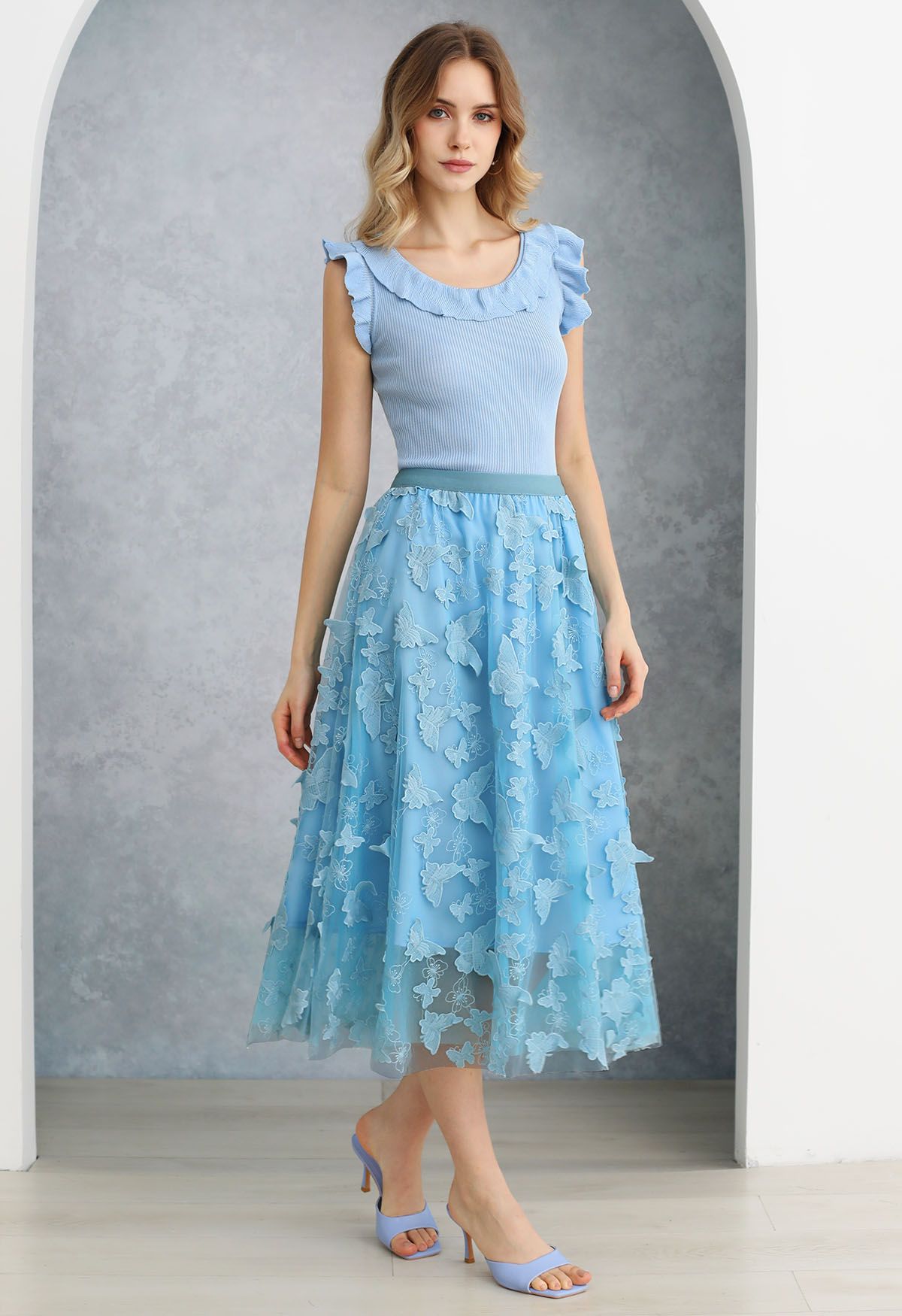 Loveliness 3D Butterfly Embroidered Mesh Tulle Midi Skirt in Blue