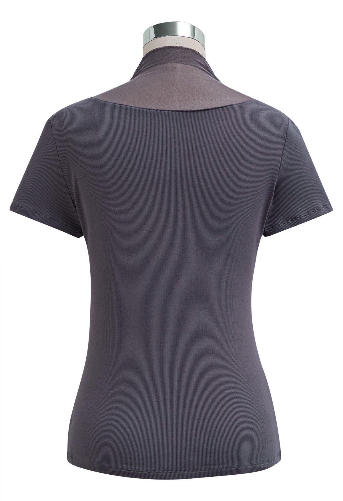 Mesh Spliced Neckline Stretchy Top in Grey