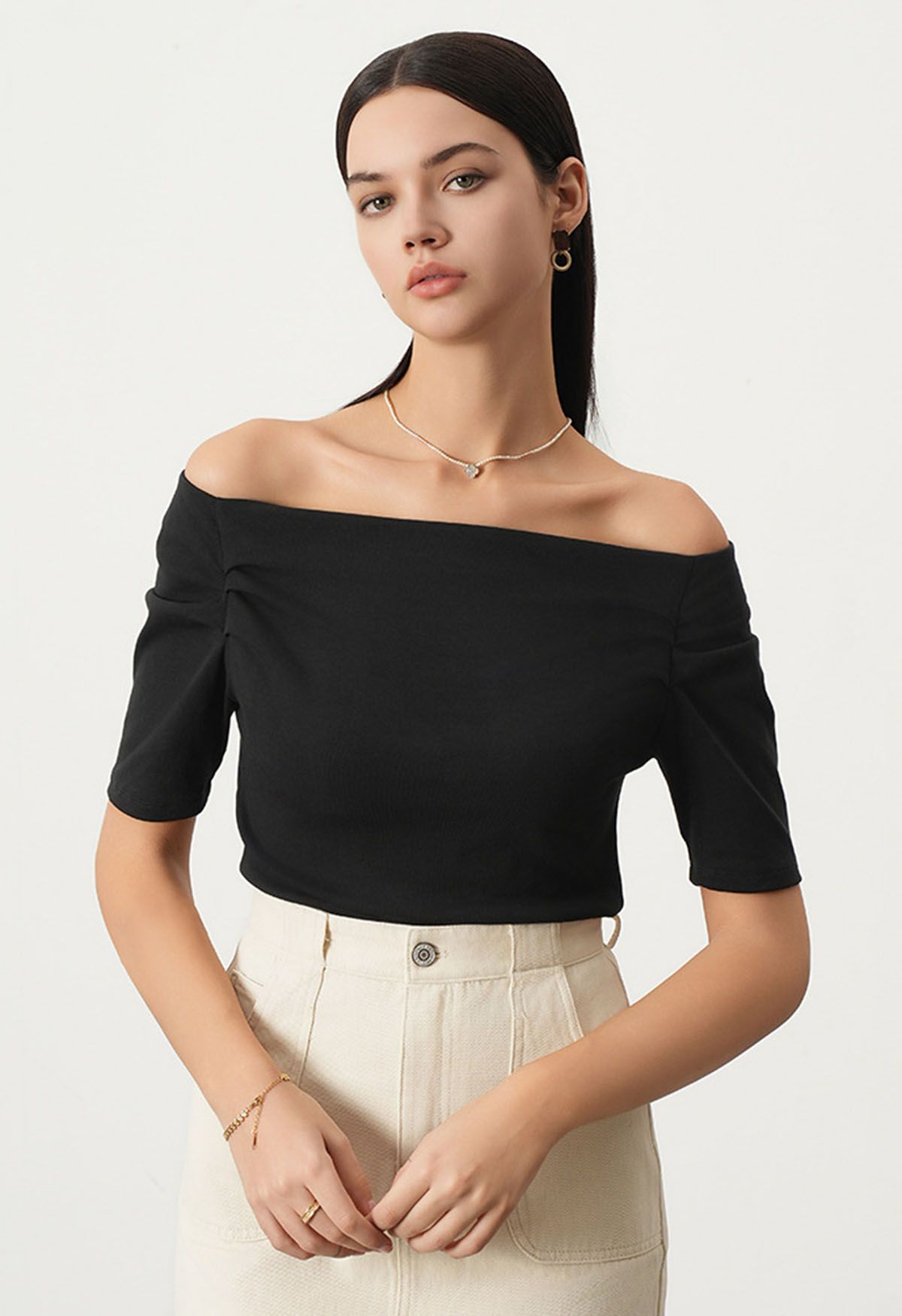 Off-Shoulder Ruched Short Sleeve Top in Black