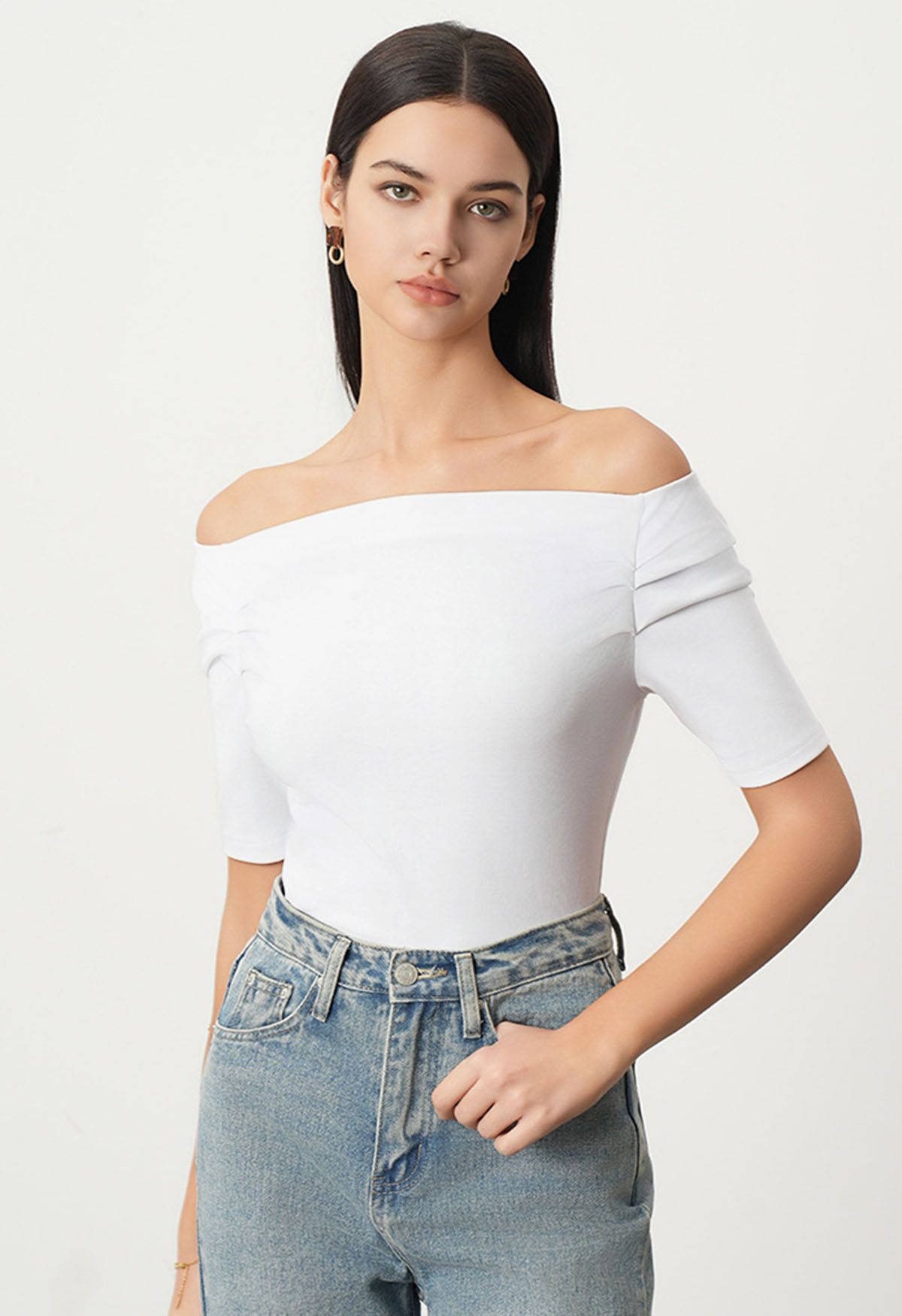 Off-Shoulder Ruched Short Sleeve Top in White