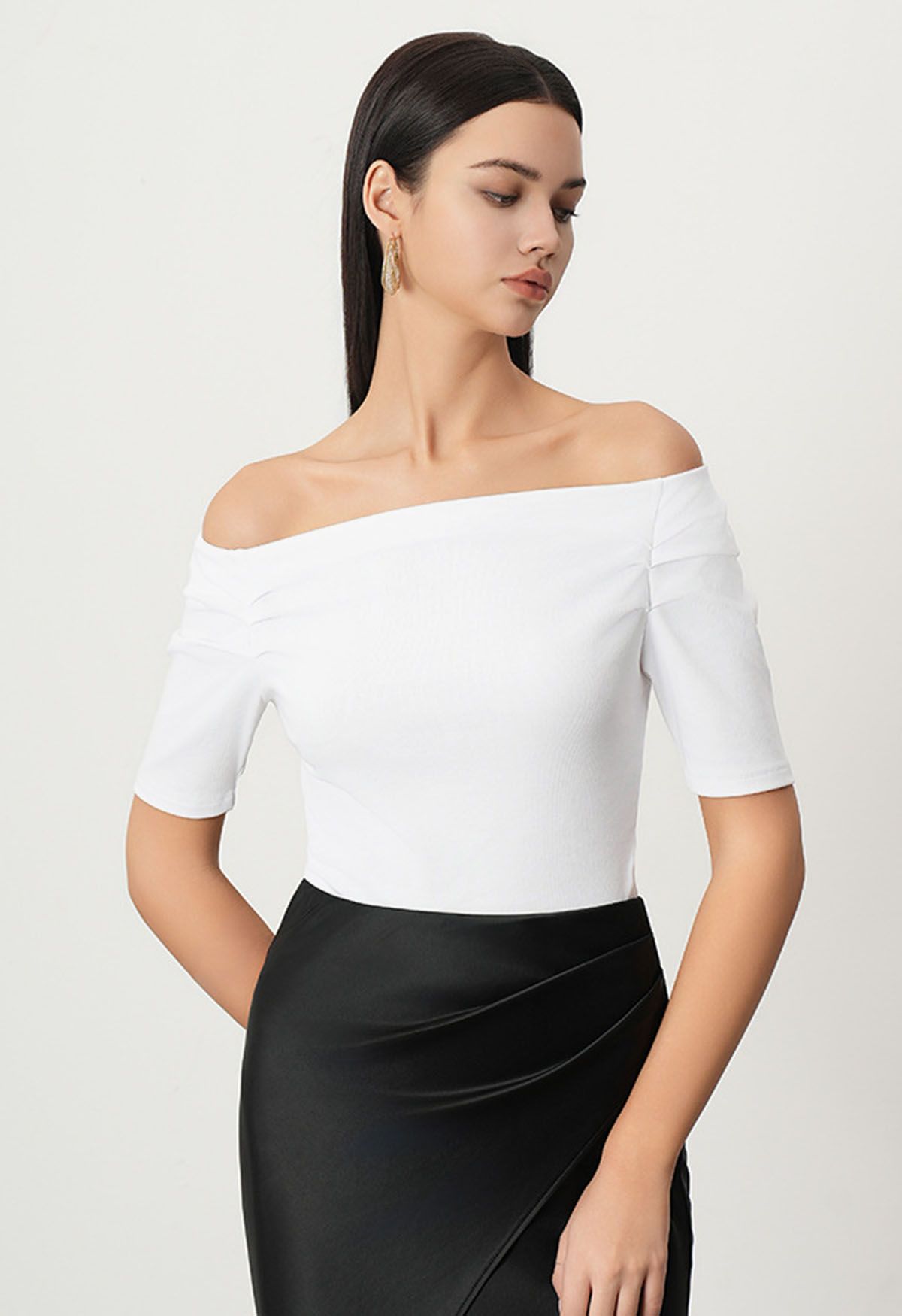 Off-Shoulder Ruched Short Sleeve Top in White