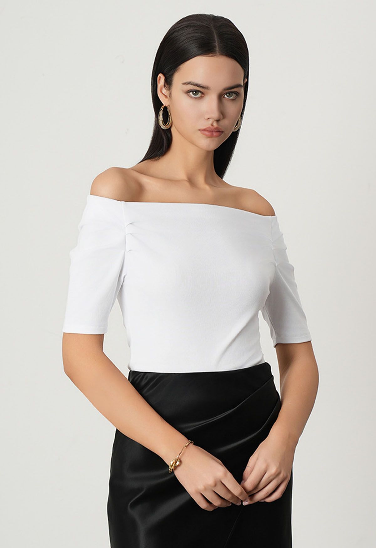 Off-Shoulder Ruched Short Sleeve Top in White