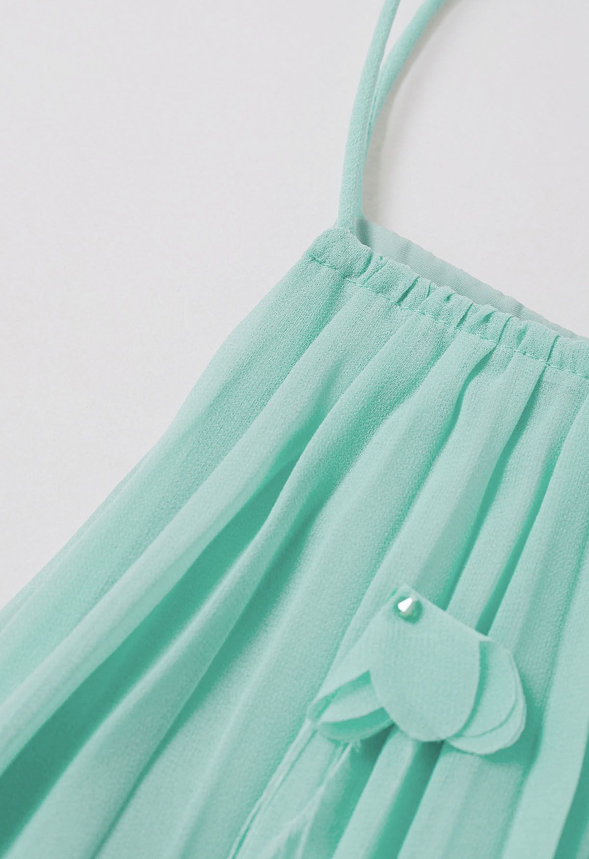 3D Floral Tie-Shoulder Chiffon Pleated Dress in Mint