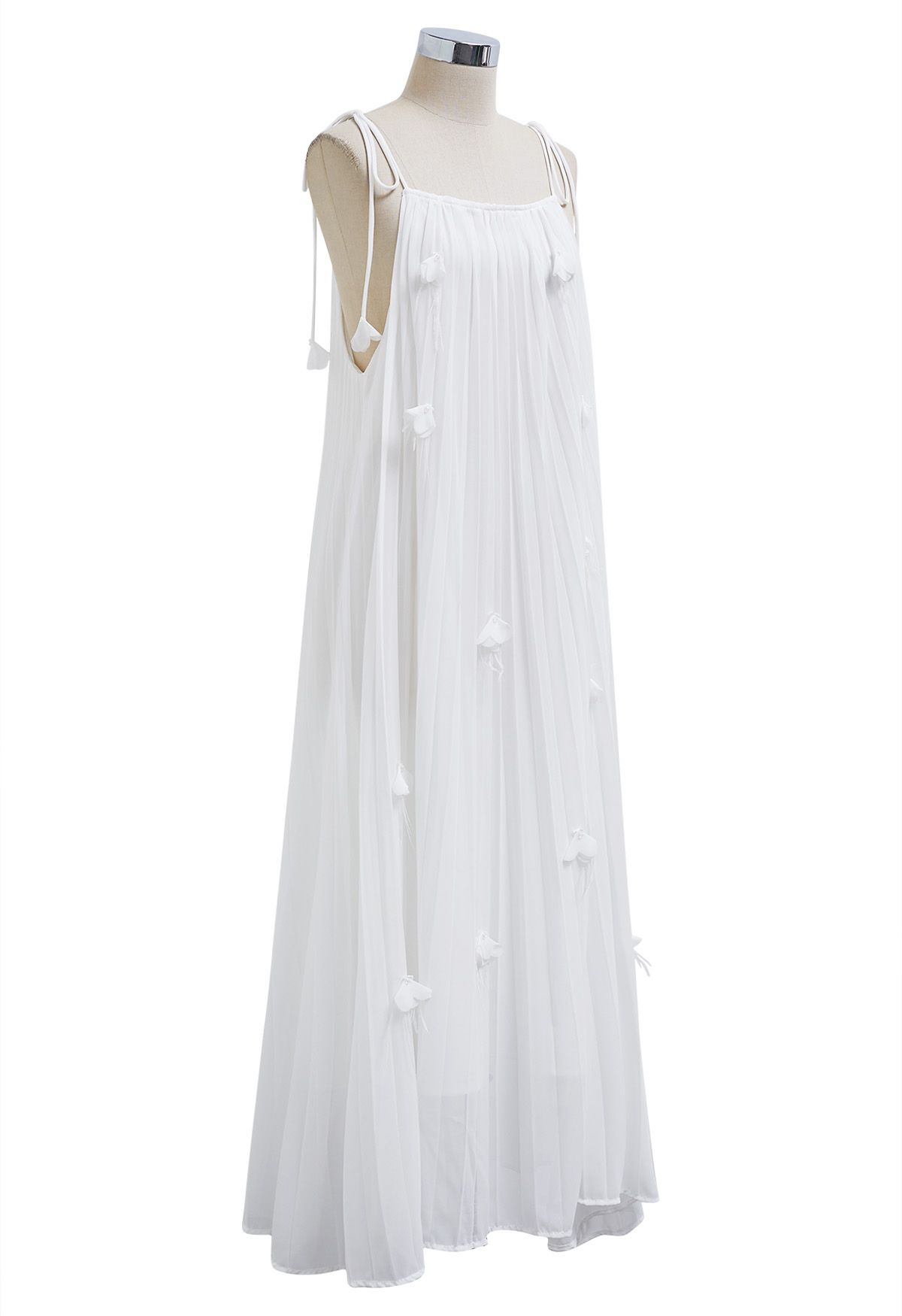 3D Floral Tie-Shoulder Chiffon Pleated Dress in White