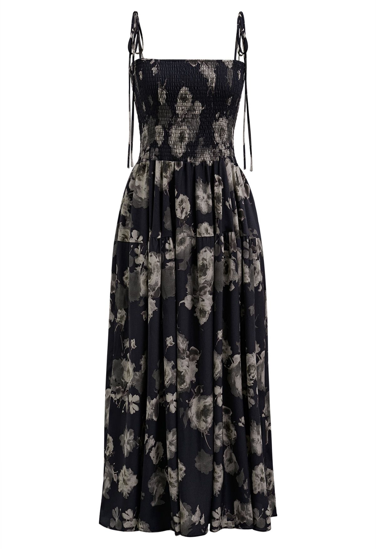 Floral Tie-Shoulder Shirring Midi Dress in Black