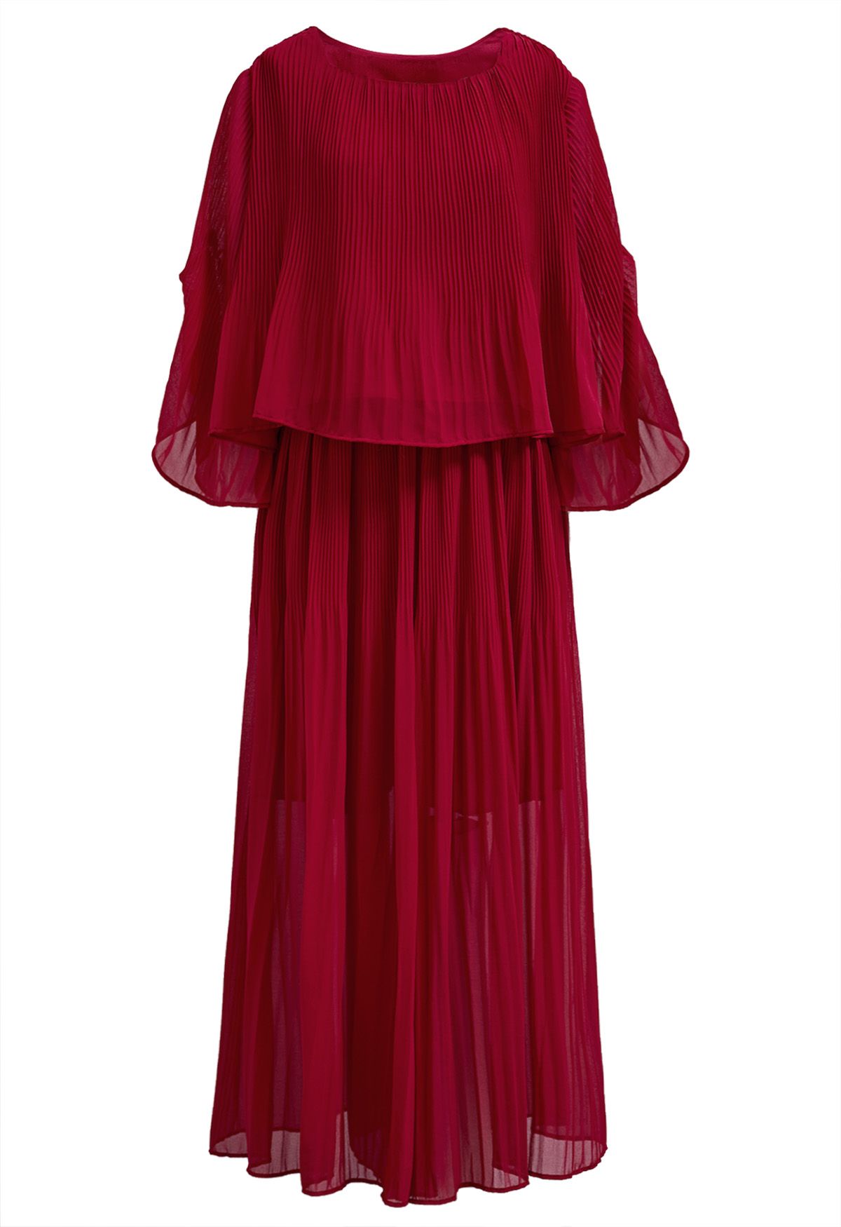 Plisse Bell Sleeves Chiffon Top and Pants Set in Red