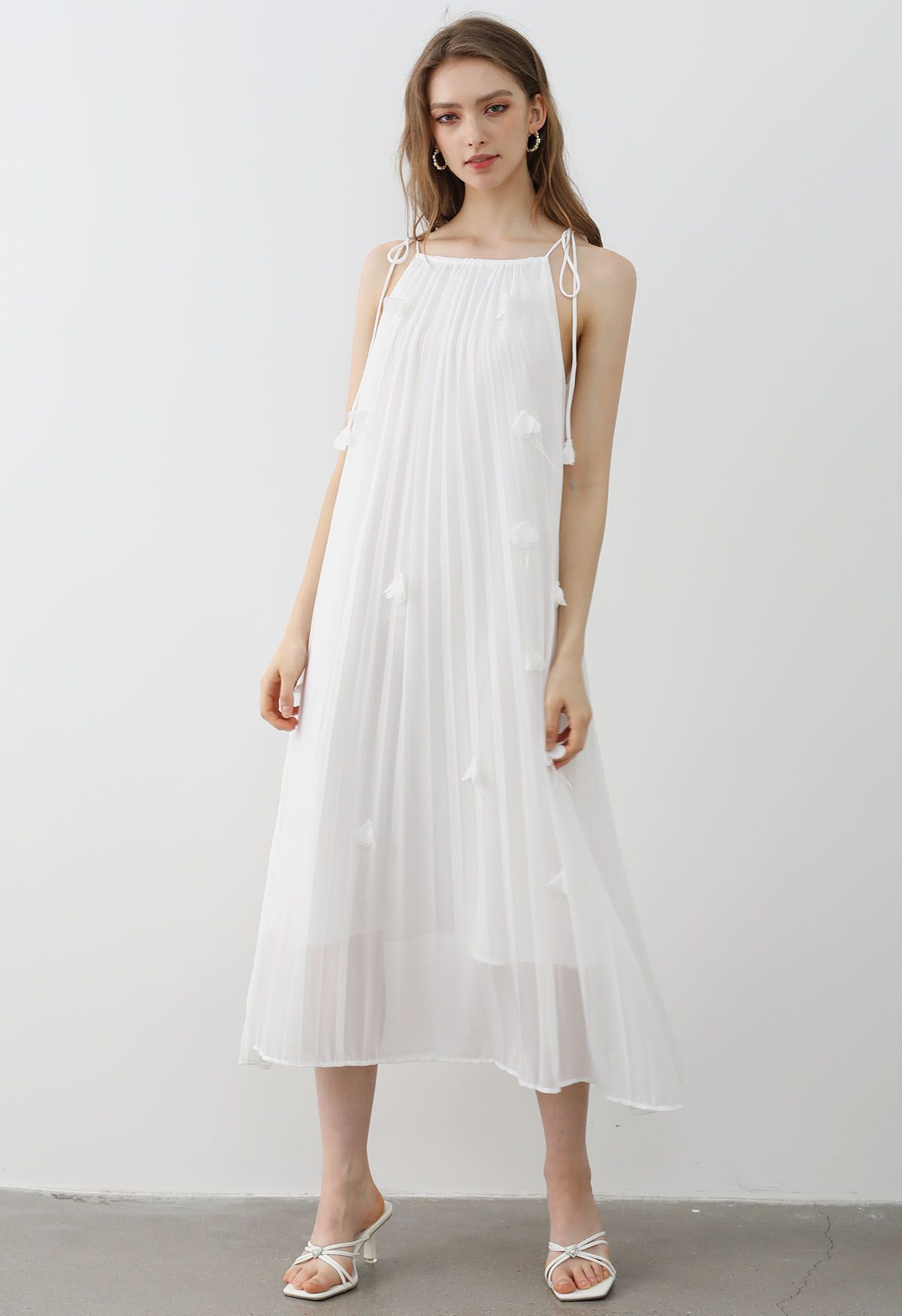 3D Floral Tie-Shoulder Chiffon Pleated Dress in White