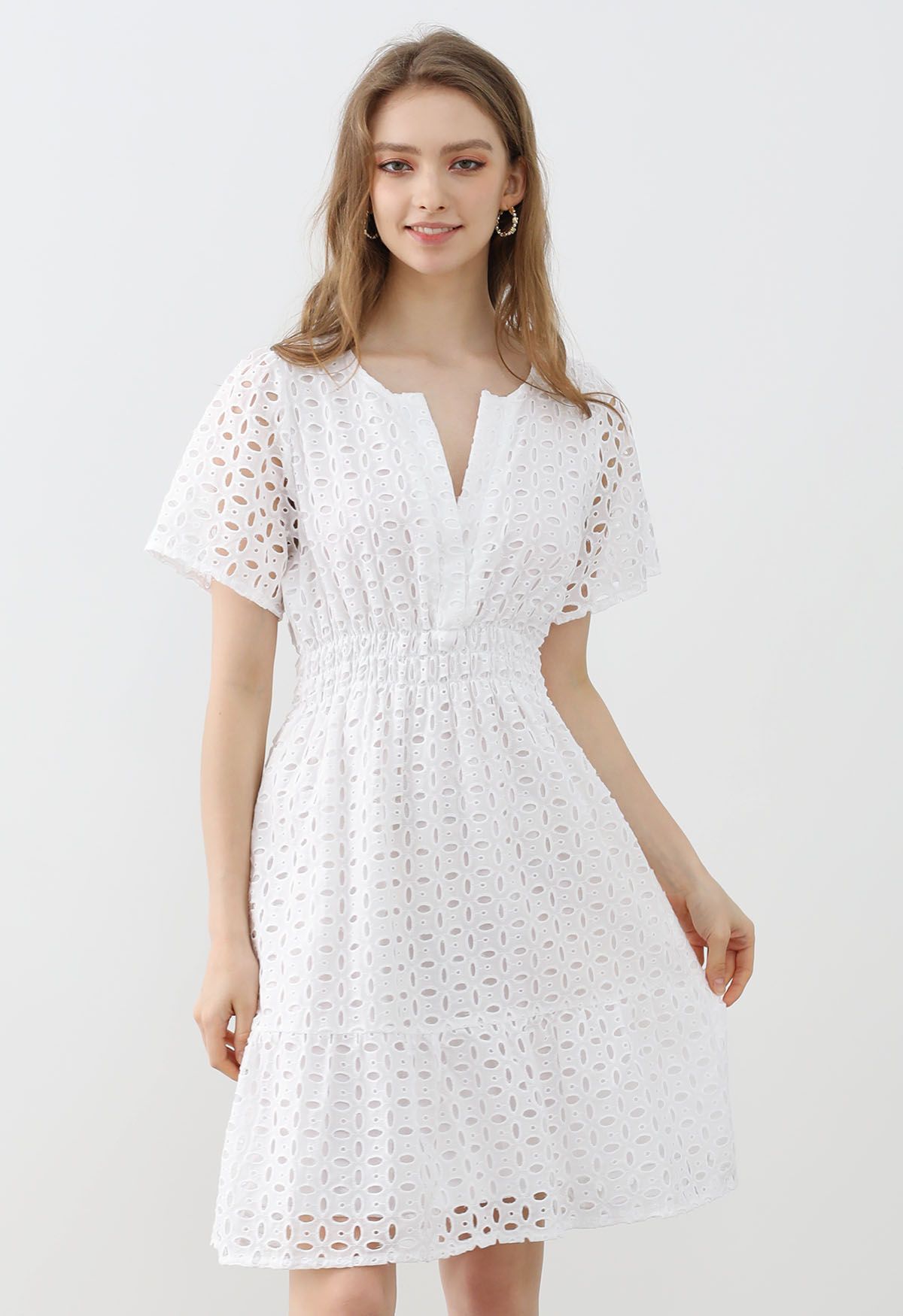 Eyelet Embroidery V-Neck Cotton Dress in White