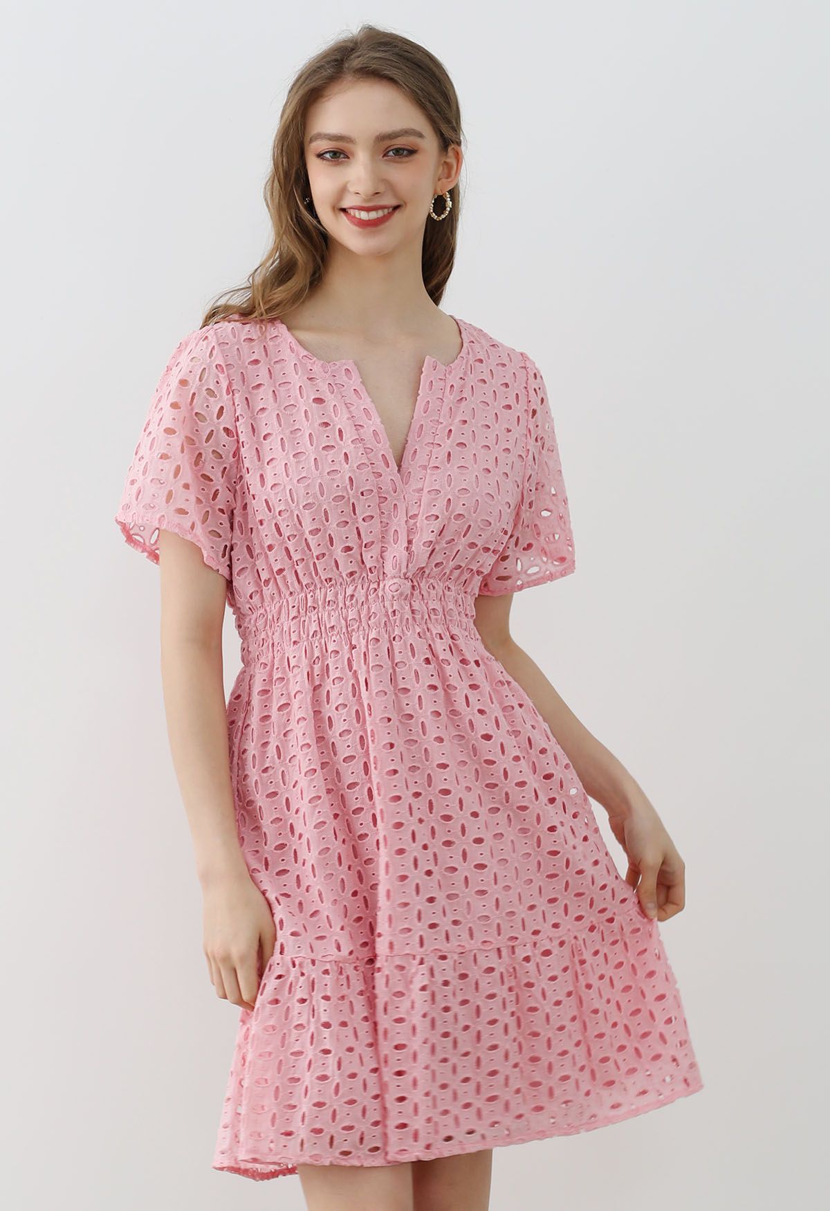 Eyelet Embroidery V-Neck Cotton Dress in Pink