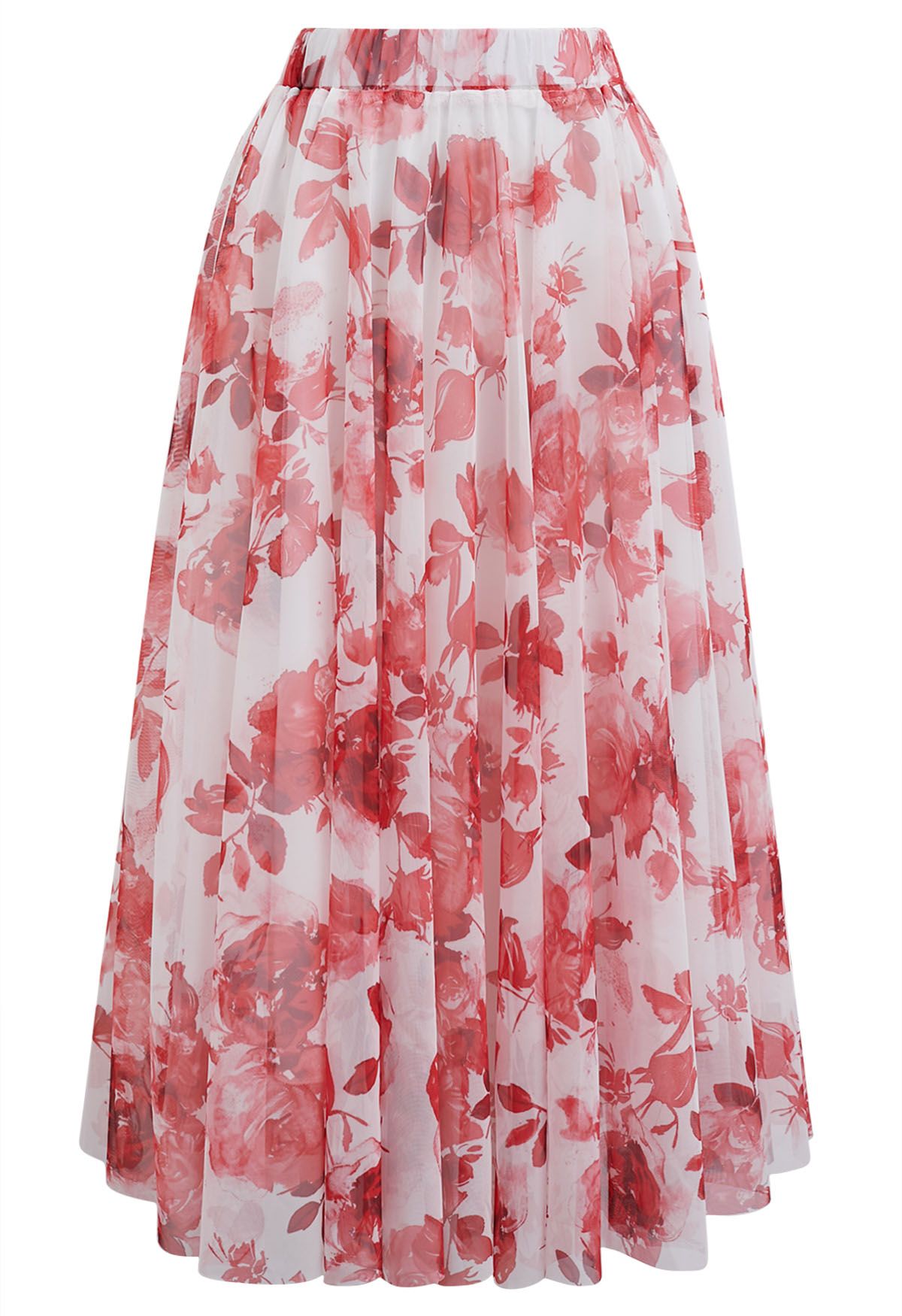 Flourishing Red Floral Mesh Tulle Midi Skirt