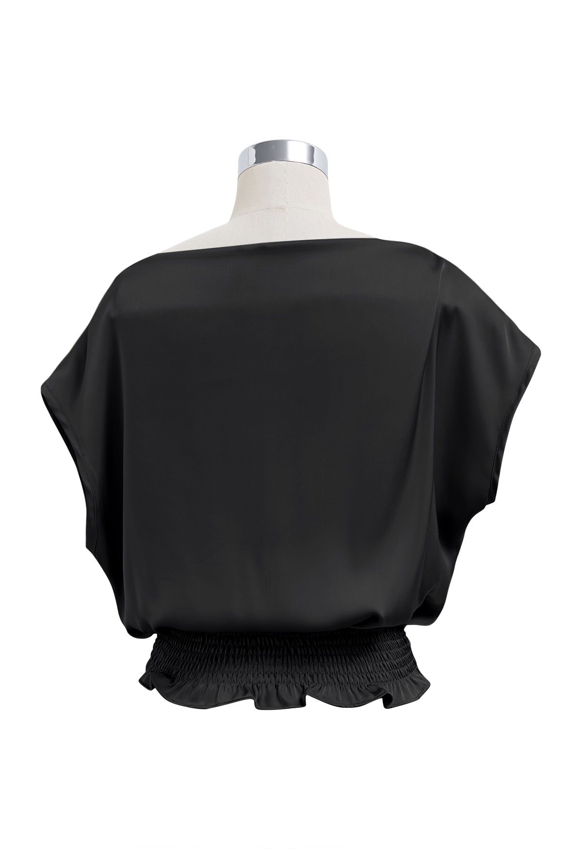 One-Shoulder Shirred Back Satin Top in Black