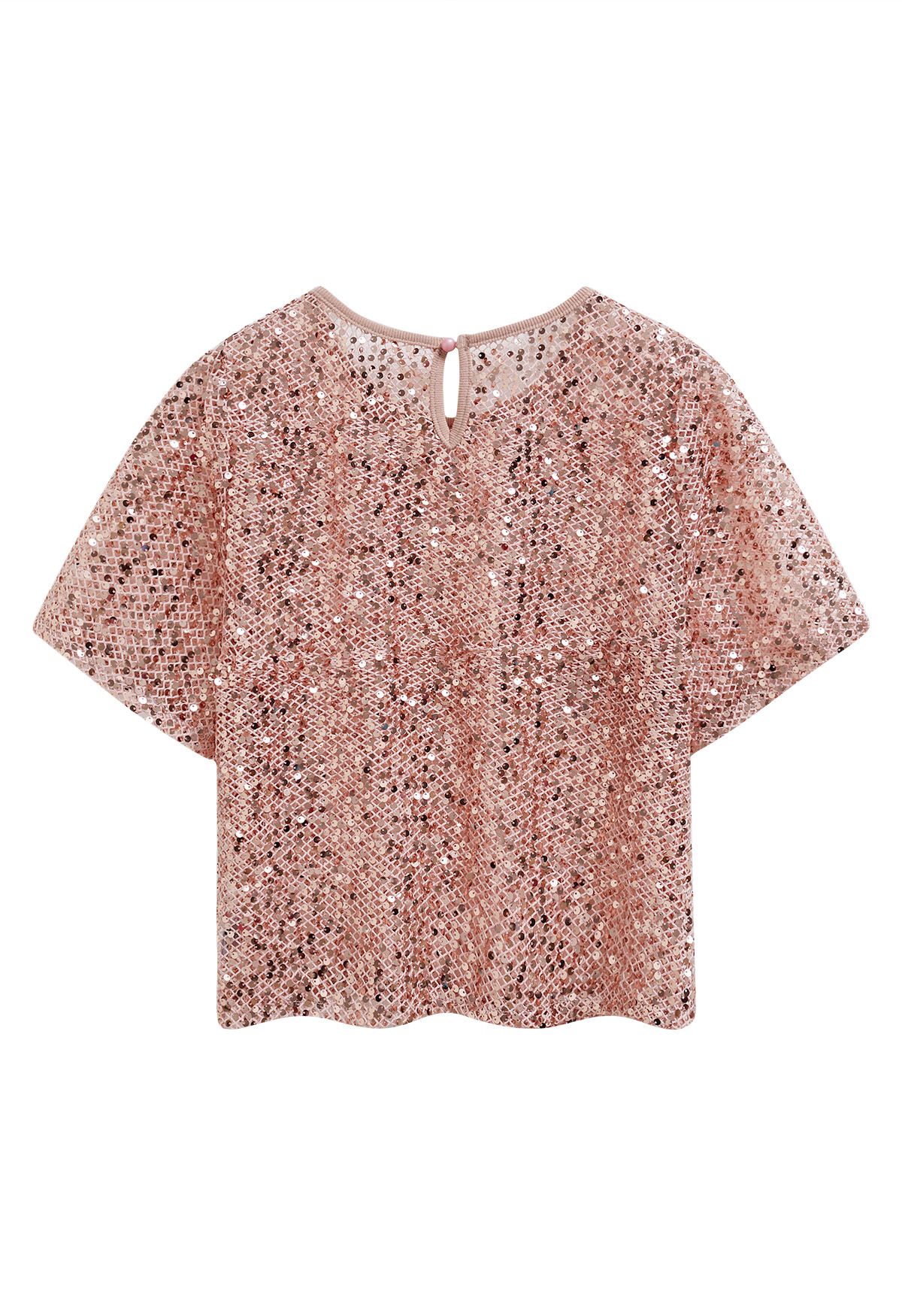 Dazzling Sequin Fishnet Short Sleeve Top in Pink