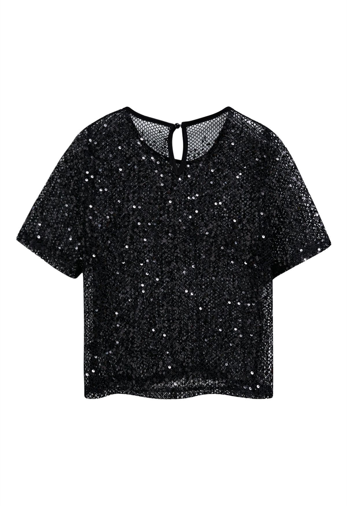 Dazzling Sequin Fishnet Short Sleeve Top in Black