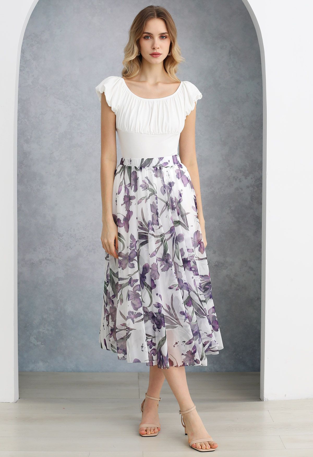 Purple Floral Printed Mesh Tulle Midi Skirt