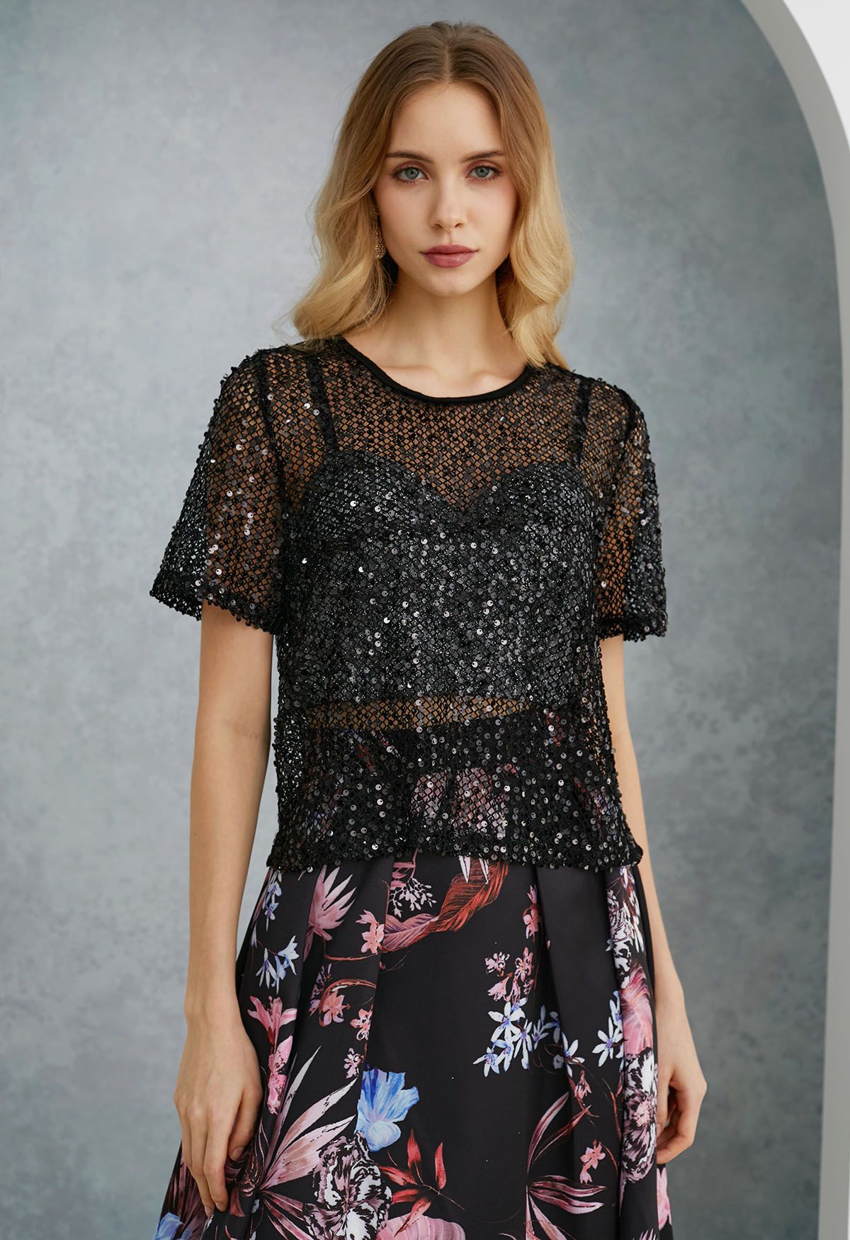 Dazzling Sequin Fishnet Short Sleeve Top in Black