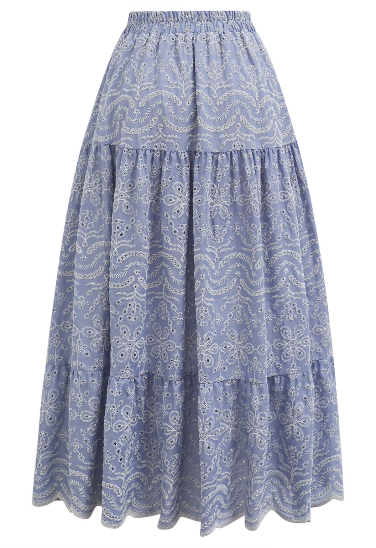 Chic Blue Embroidered Floral Midi Skirt