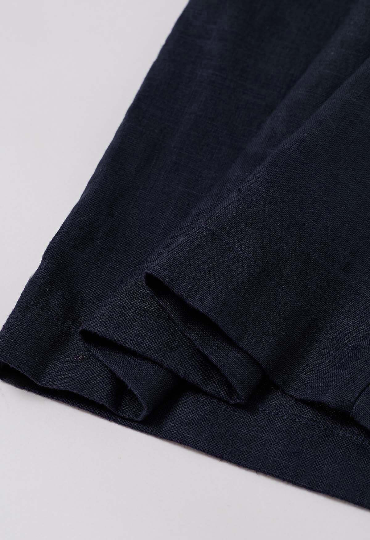 Side Pocket Wide-Leg Linen-Blend Pants in Navy