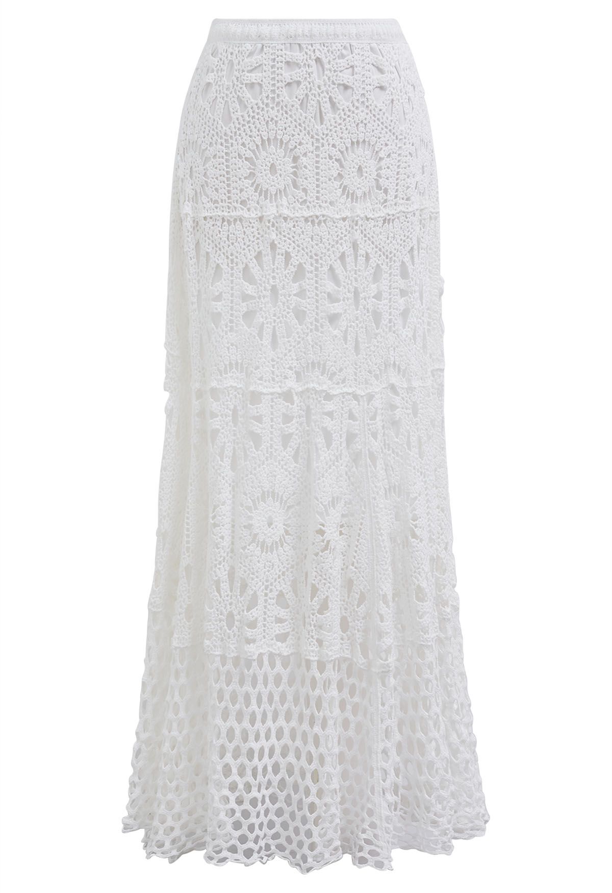 Bohemian Cutwork Crochet Maxi Skirt in White