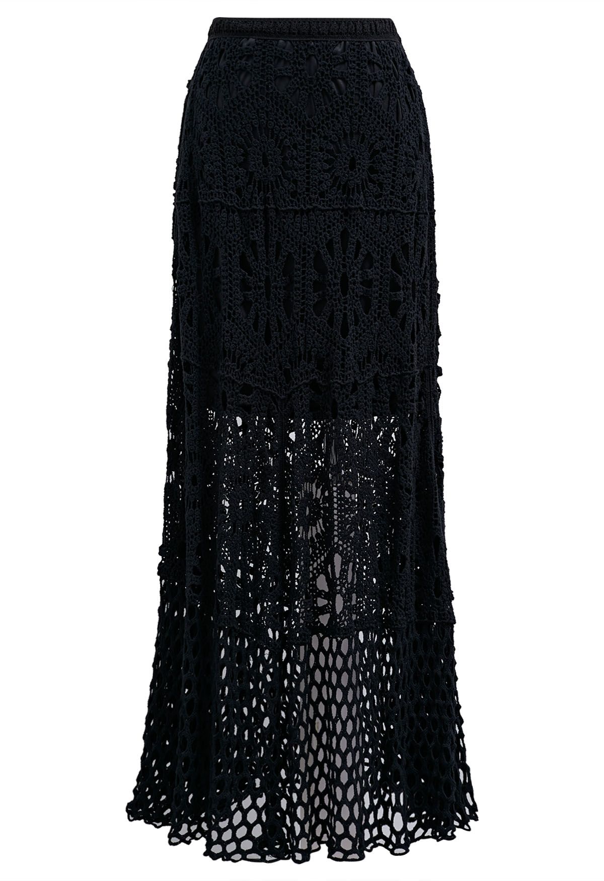 Bohemian Cutwork Crochet Maxi Skirt in Black