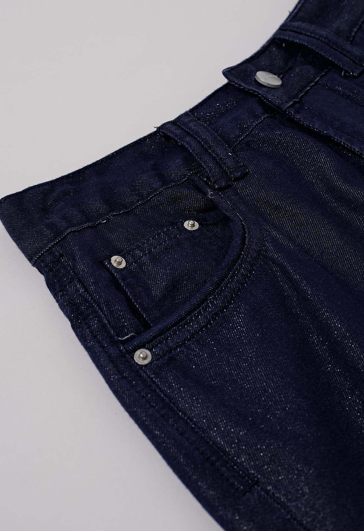 Shimmery Navy Straight-Leg Belted Jeans