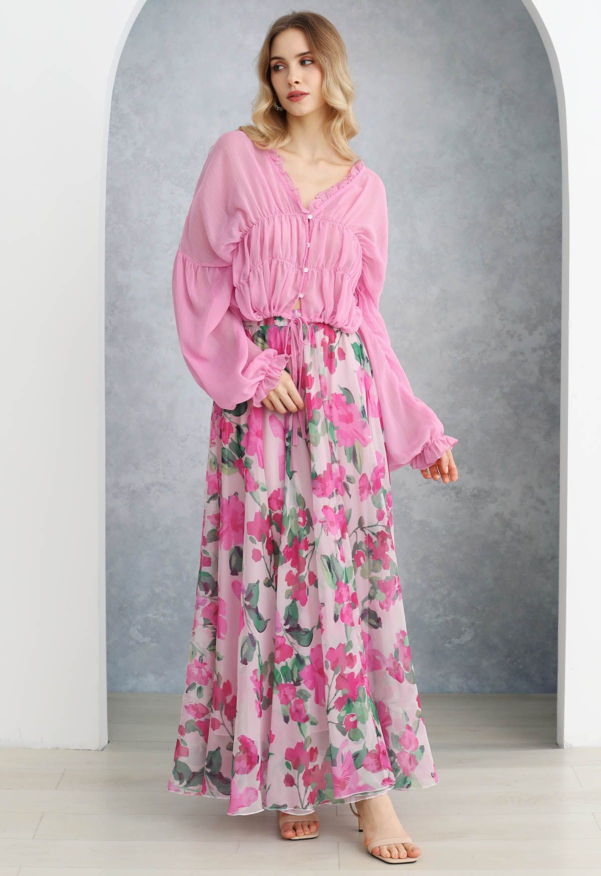 Watercolor Floral Fantasy Chiffon Maxi Skirt