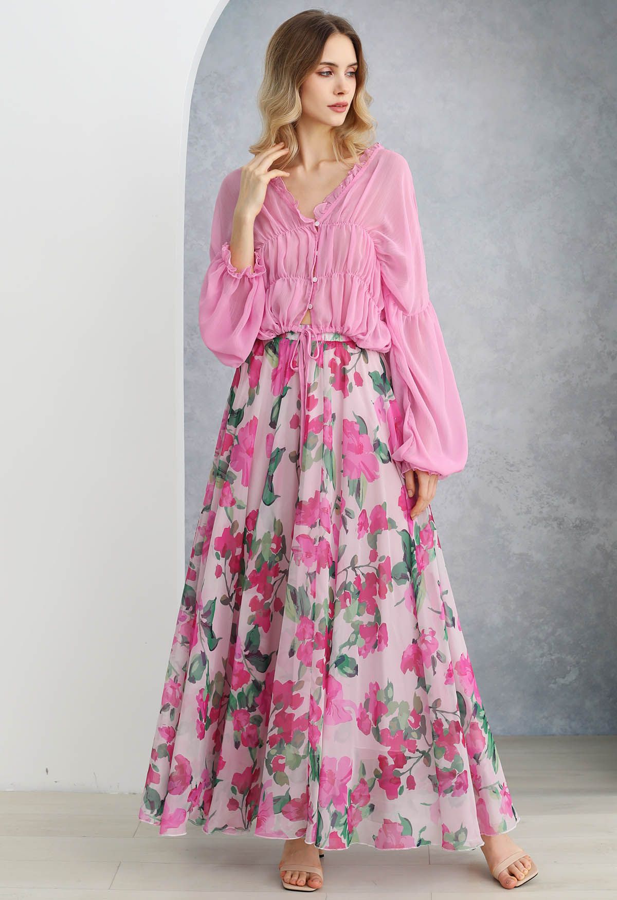 Watercolor Floral Fantasy Chiffon Maxi Skirt