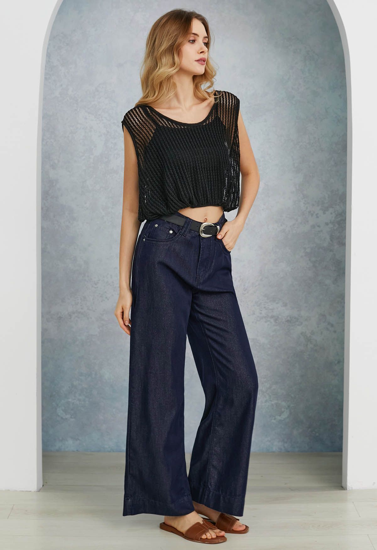 Shimmery Navy Straight-Leg Belted Jeans