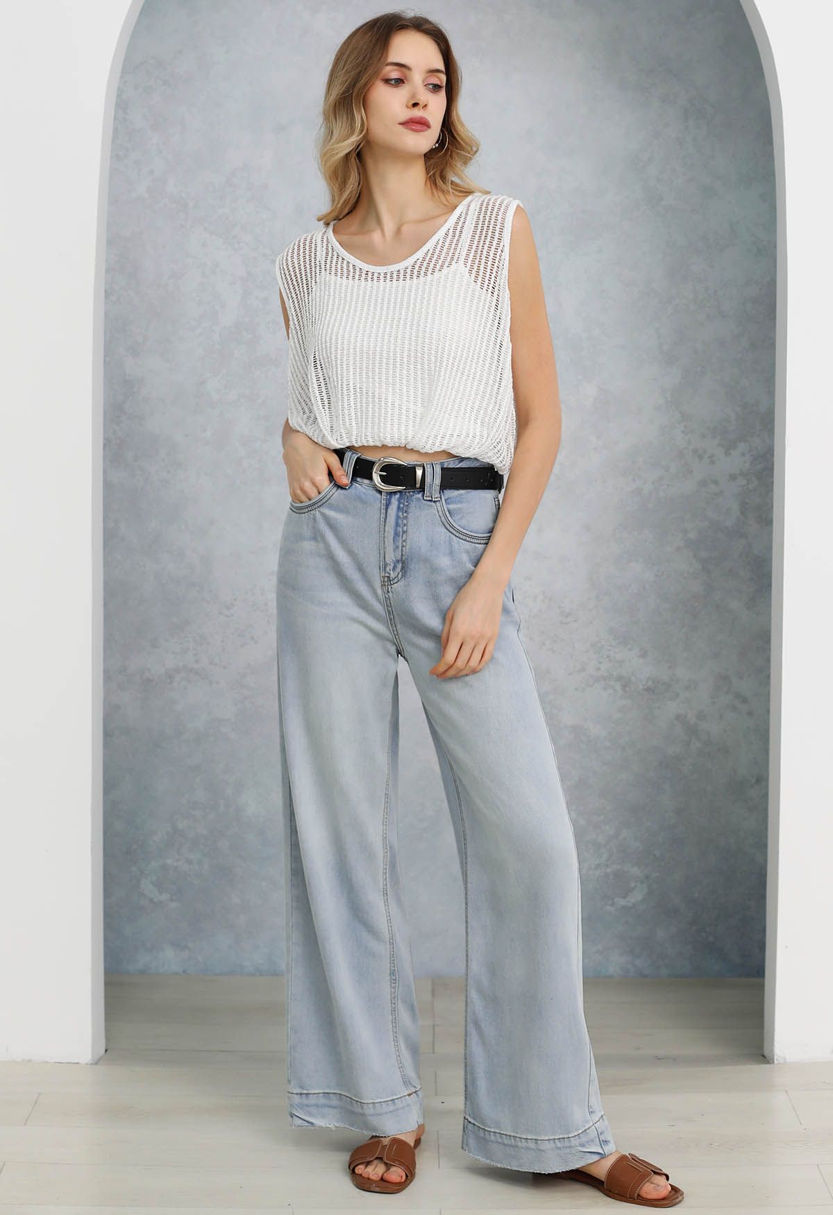 Light Blue Straight-Leg Belted Jeans 