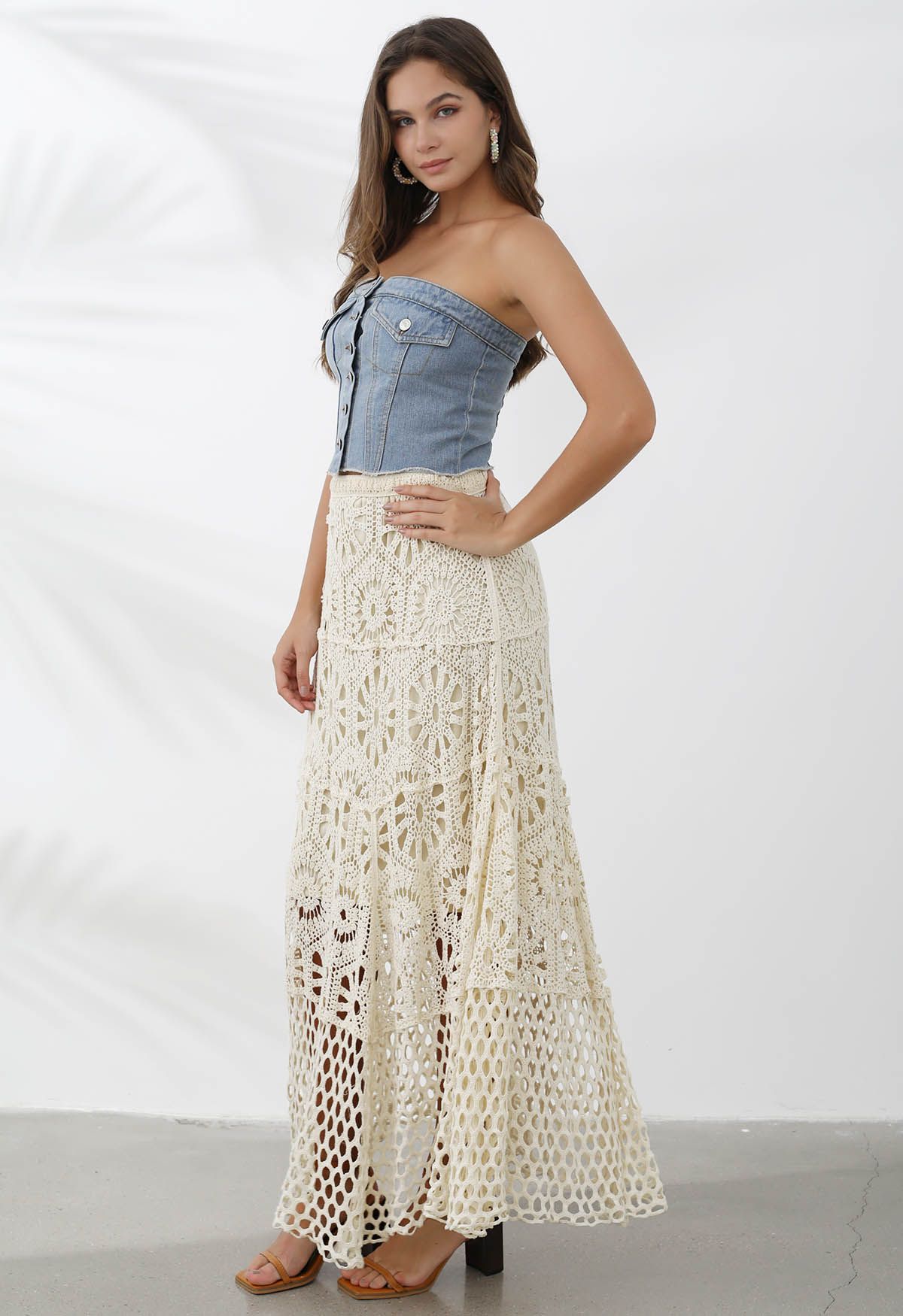 Bohemian Cutwork Crochet Maxi Skirt in Sand