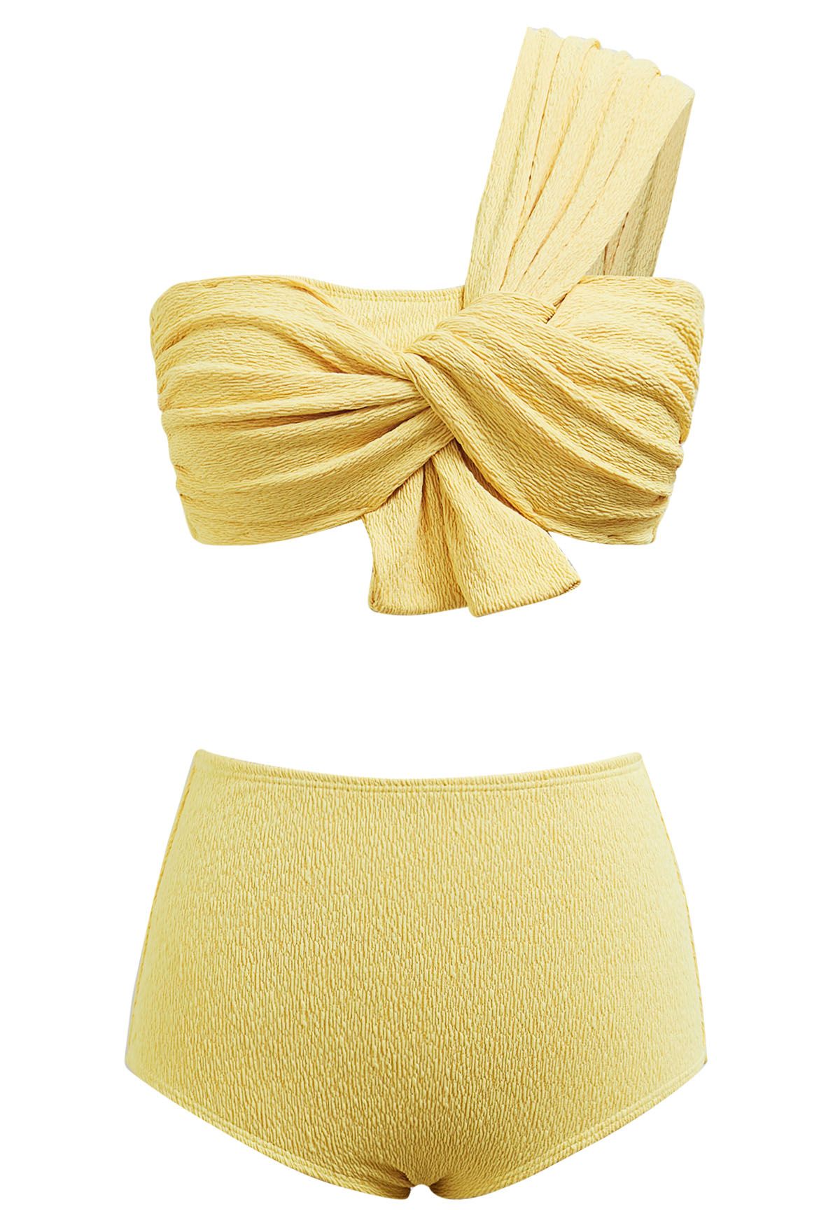 One-Shoulder Knotted Texture Bikini Set in Yellow