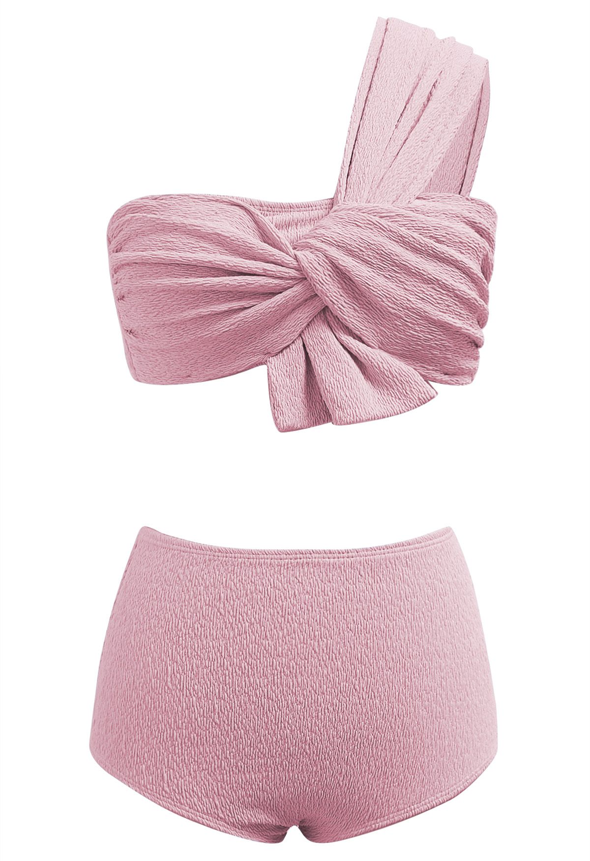 One-Shoulder Knotted Texture Bikini Set in Pink