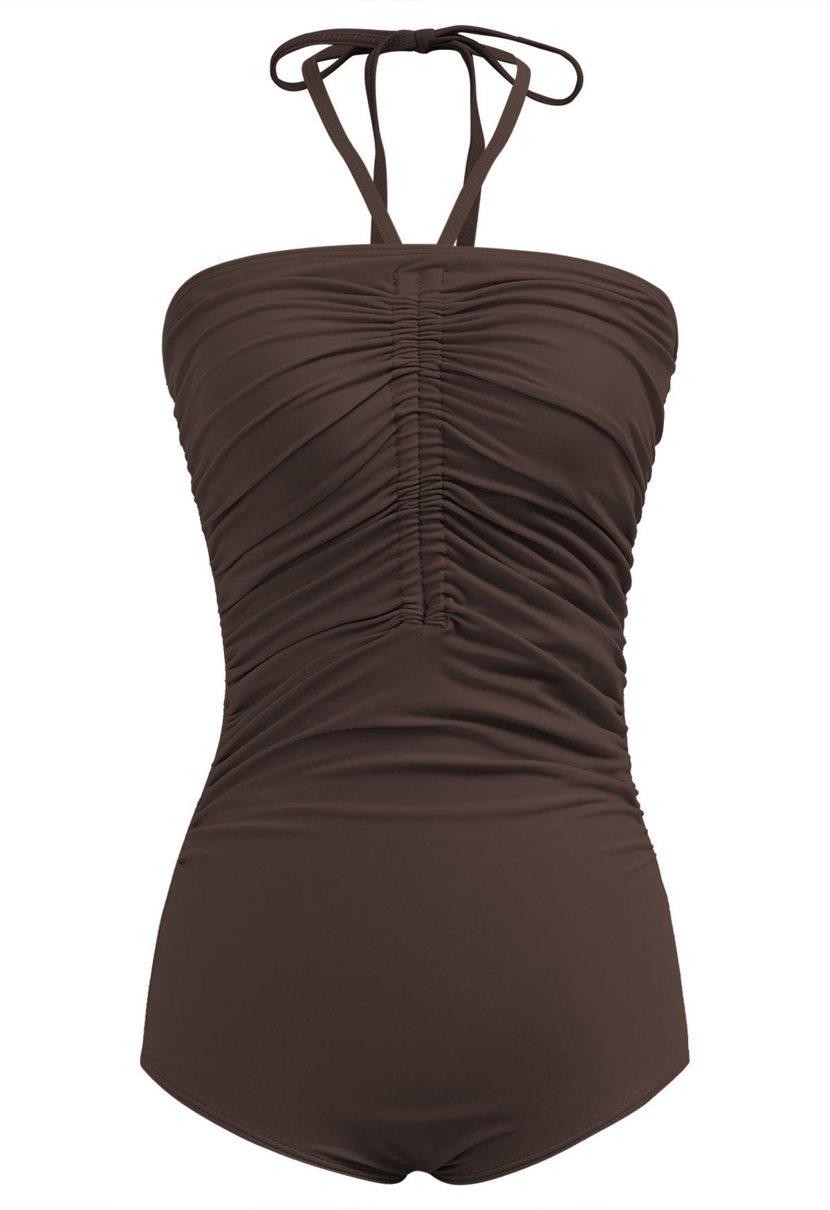 Solid Color Drawstring Halter Neck Swimsuit in Brown