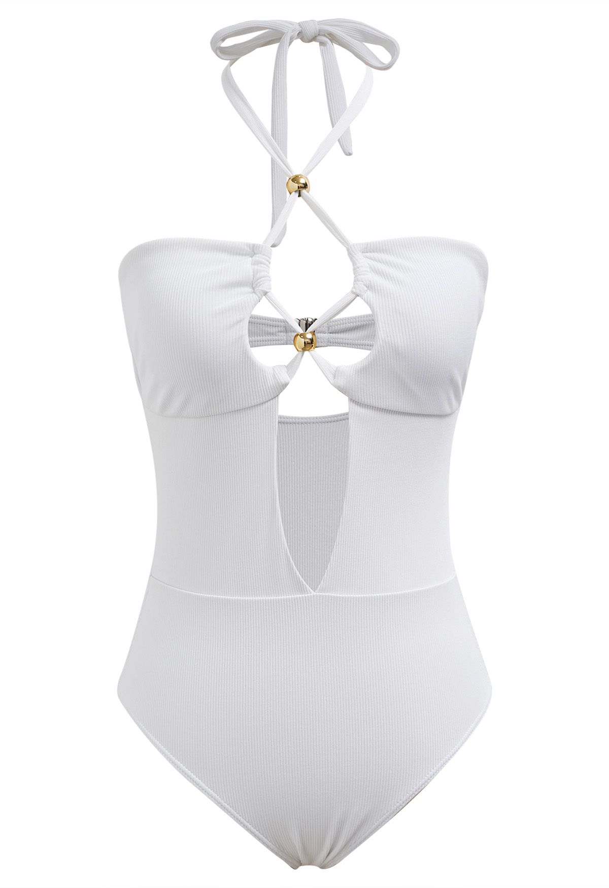 Solid White Halter Neck Cut Out Swimsuit