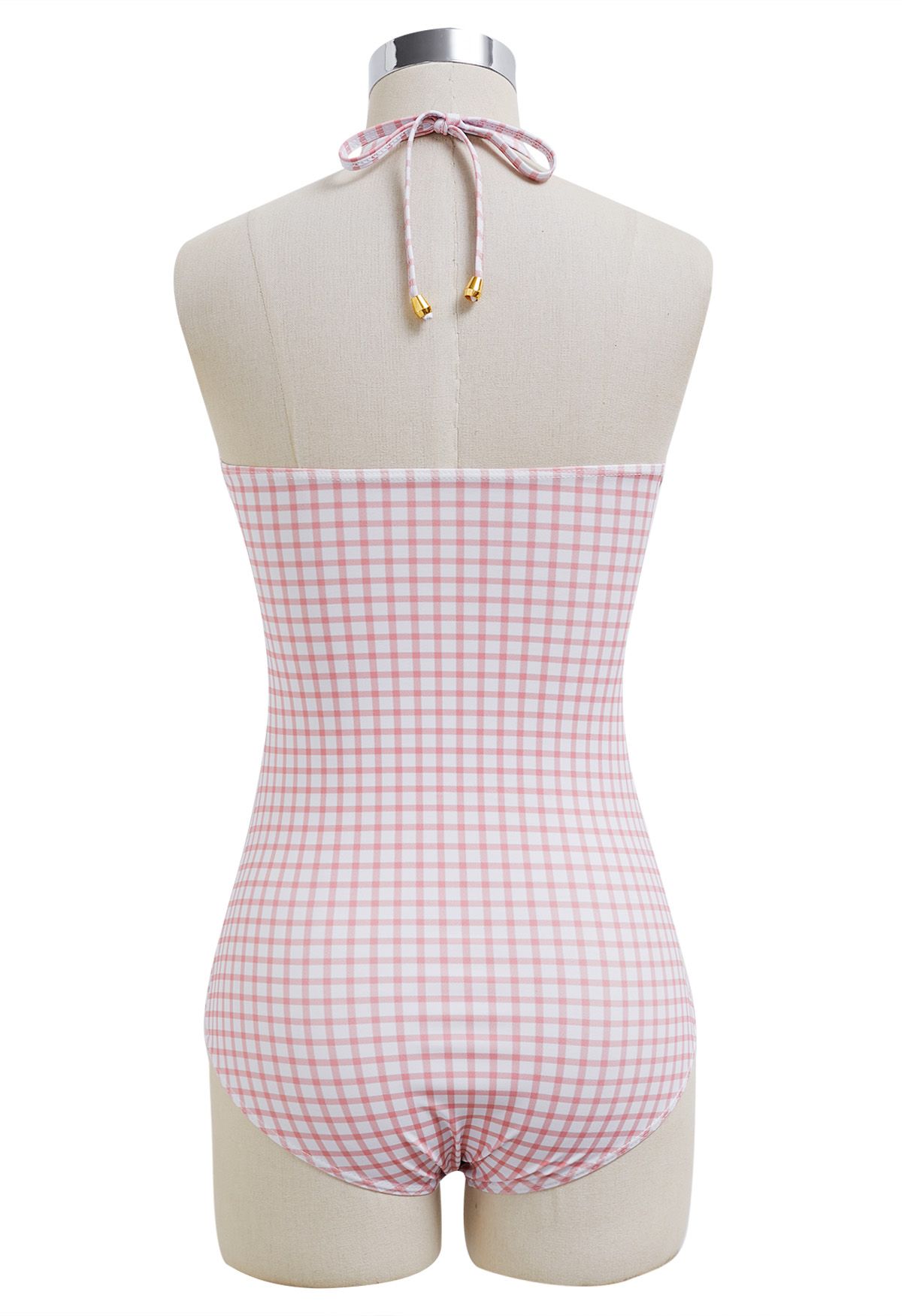 Gingham Drawstring Halter Neck Swimsuit in Pink