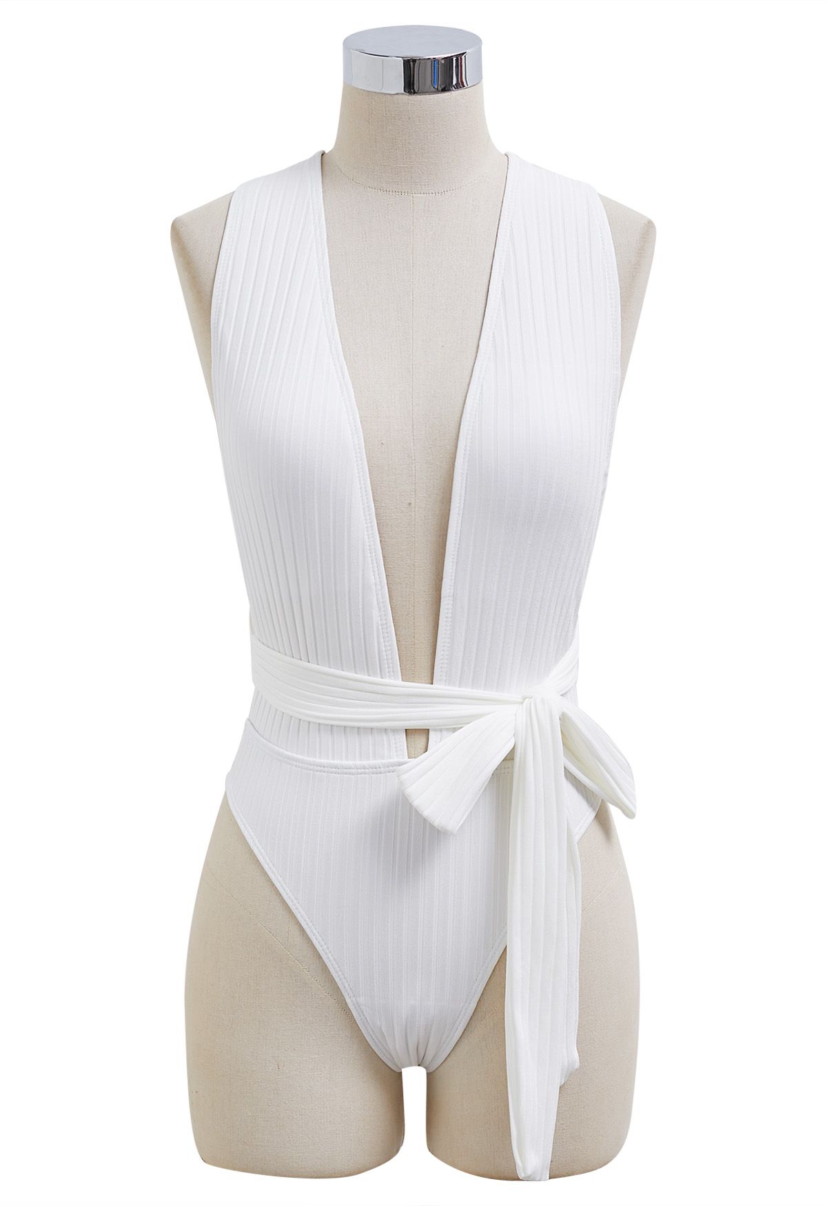 Stripe Texture Self-Tie Swimsuit and Mini Skirt Set in White