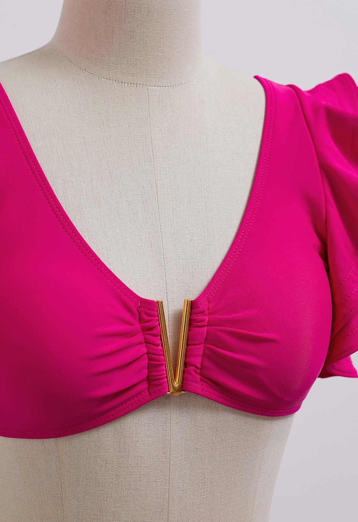 V-Shape Metal Trim Ruffle Bikini Set in Hot Pink