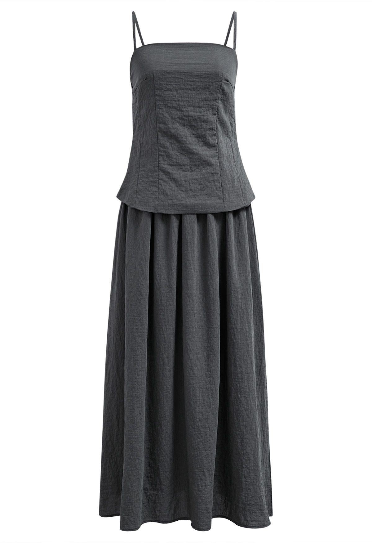 Slit Hem Linen-Blend Top and Maxi Skirt Set in Smoke