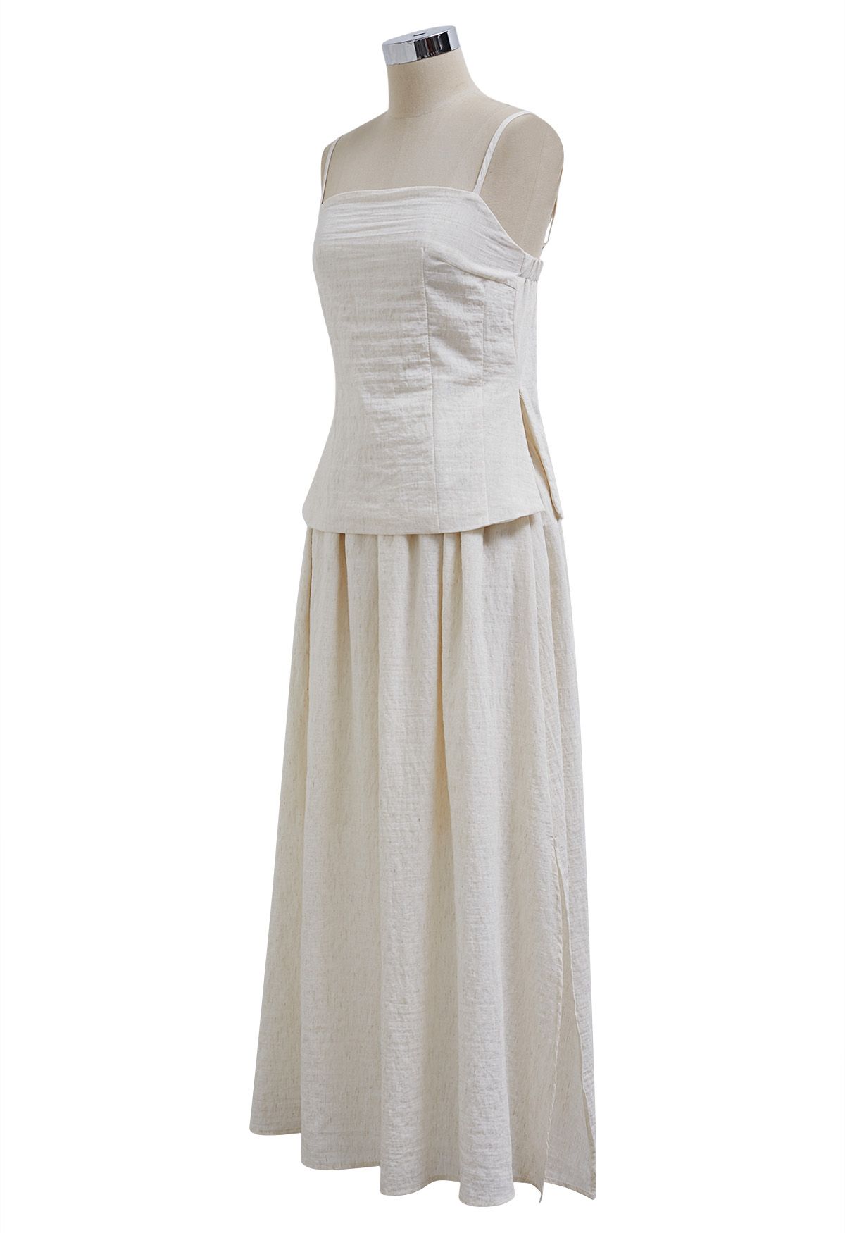 Slit Hem Linen-Blend Top and Maxi Skirt Set in Ivory