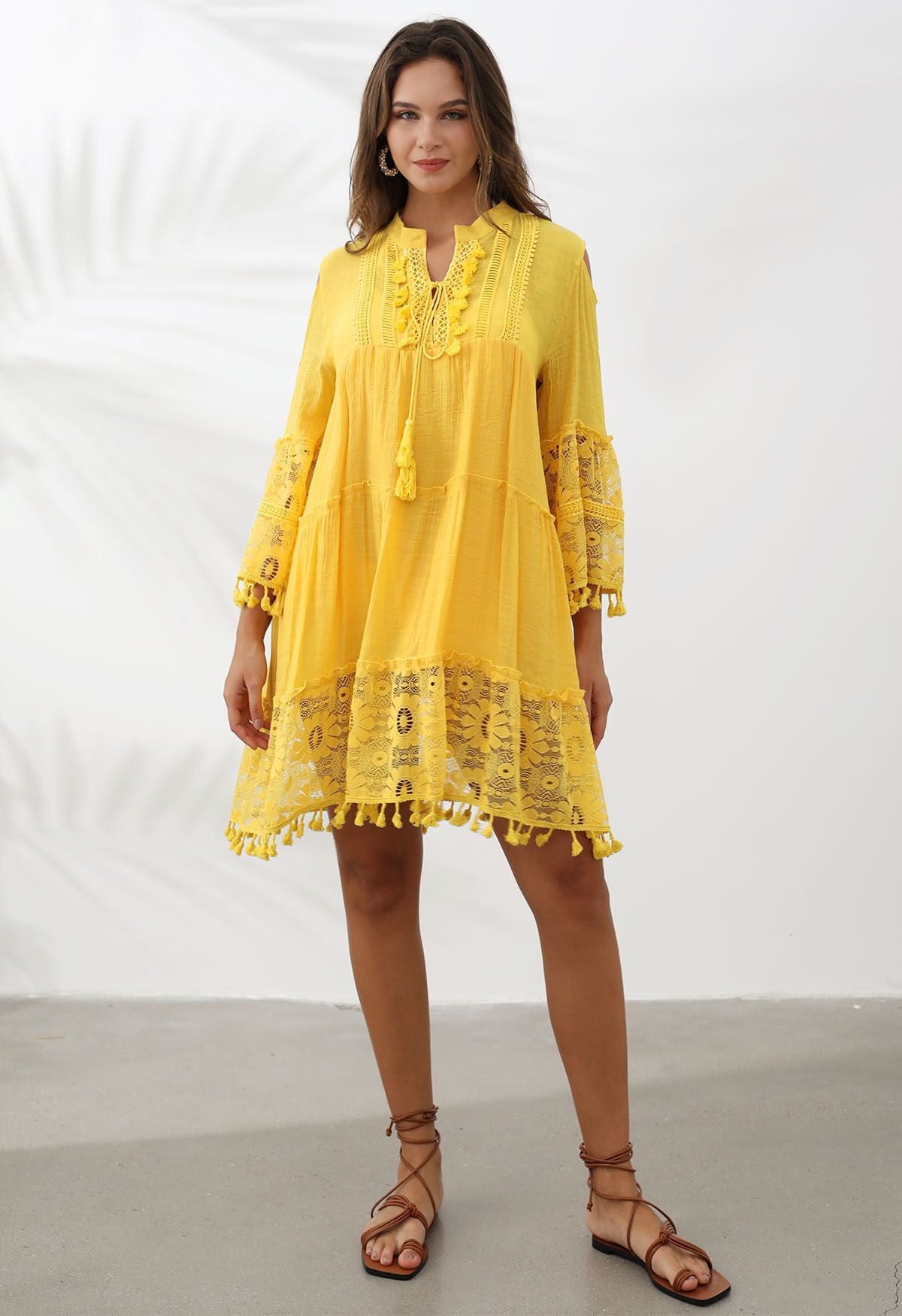 Cutwork Lace Tassel Trim Dolly Dress in Yellow