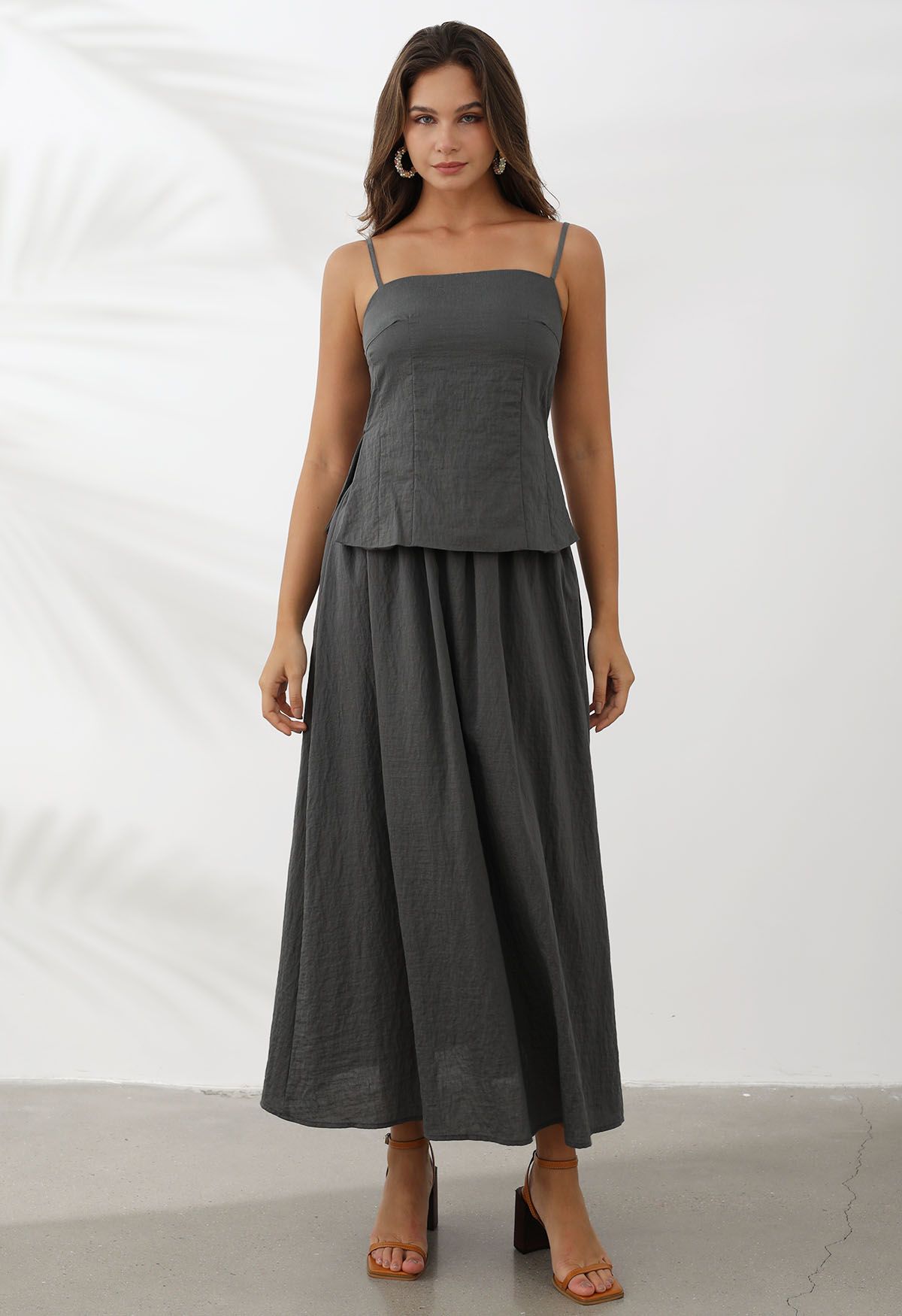 Slit Hem Linen-Blend Top and Maxi Skirt Set in Smoke