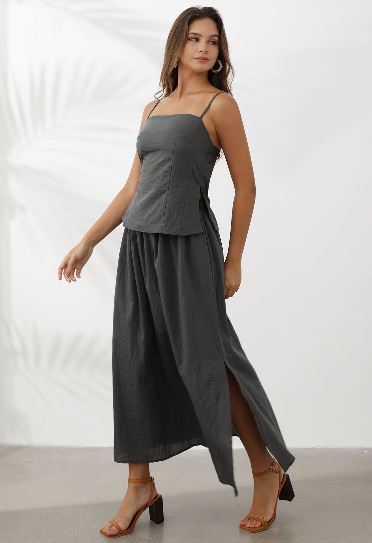 Slit Hem Linen-Blend Top and Maxi Skirt Set in Smoke